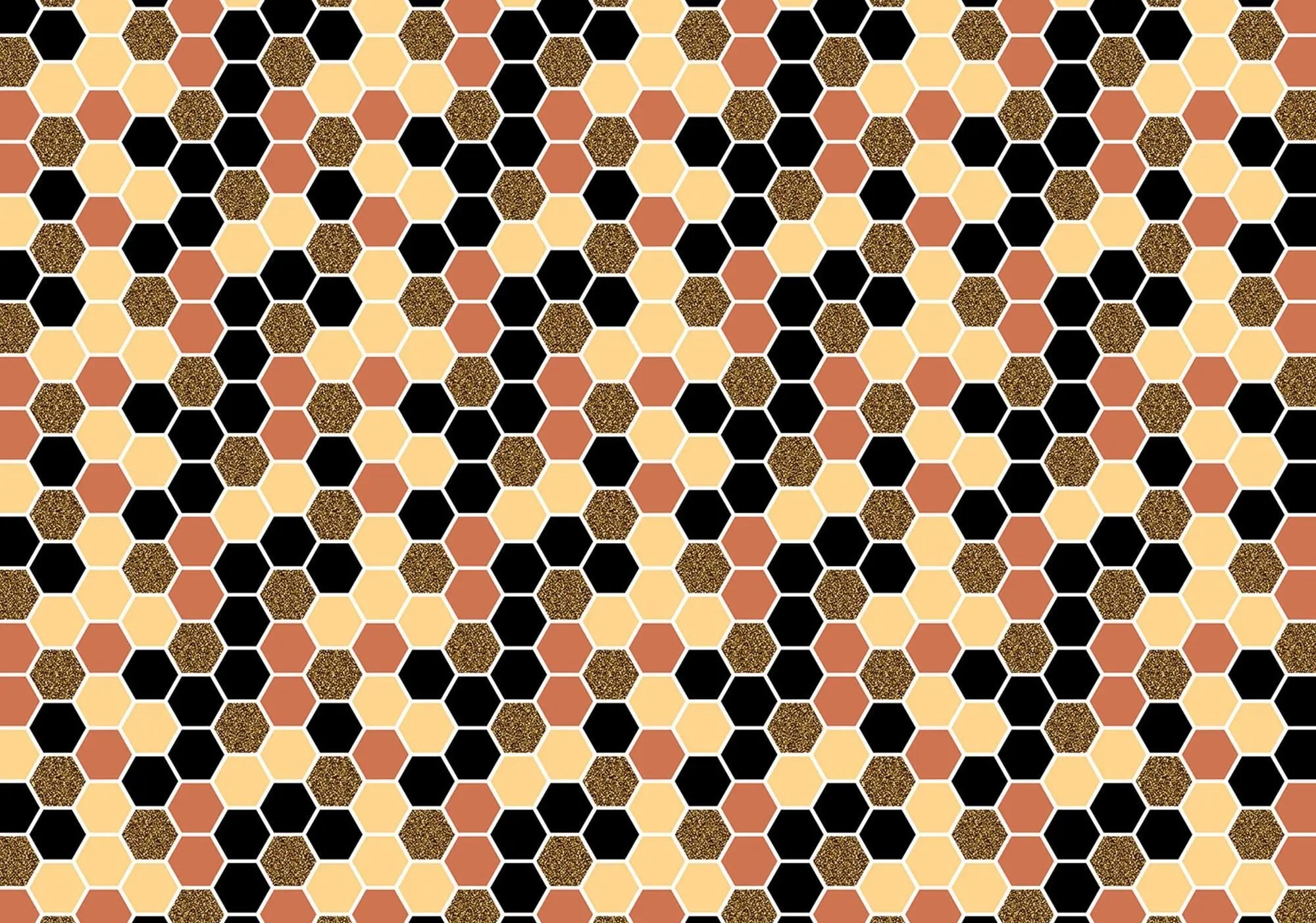 Billede 1 af Fototapet - Sekskantet mønster i sort, beige og brun med glimmer