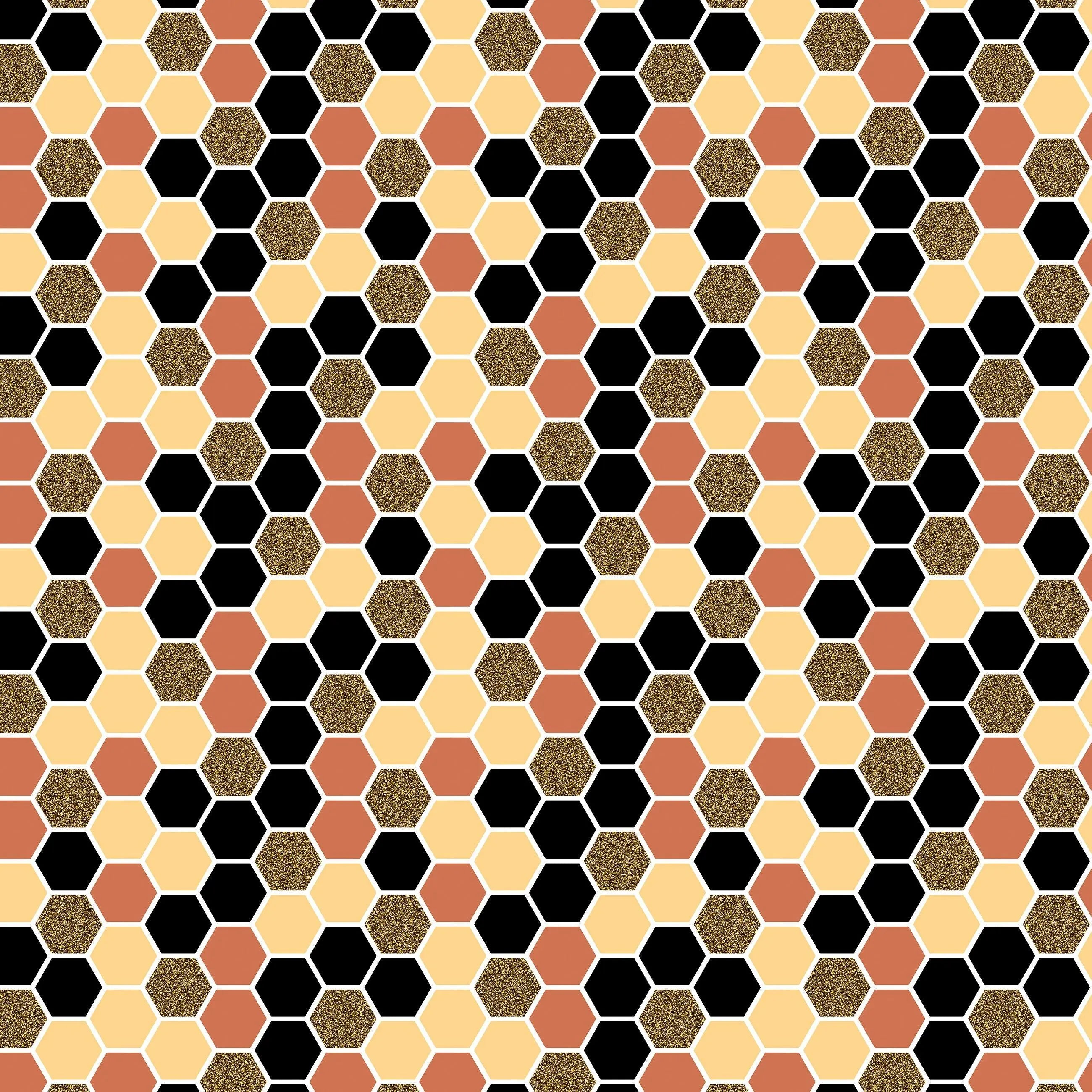 Billede 15 af Fototapet - Sekskantet mønster i sort, beige og brun med glimmer