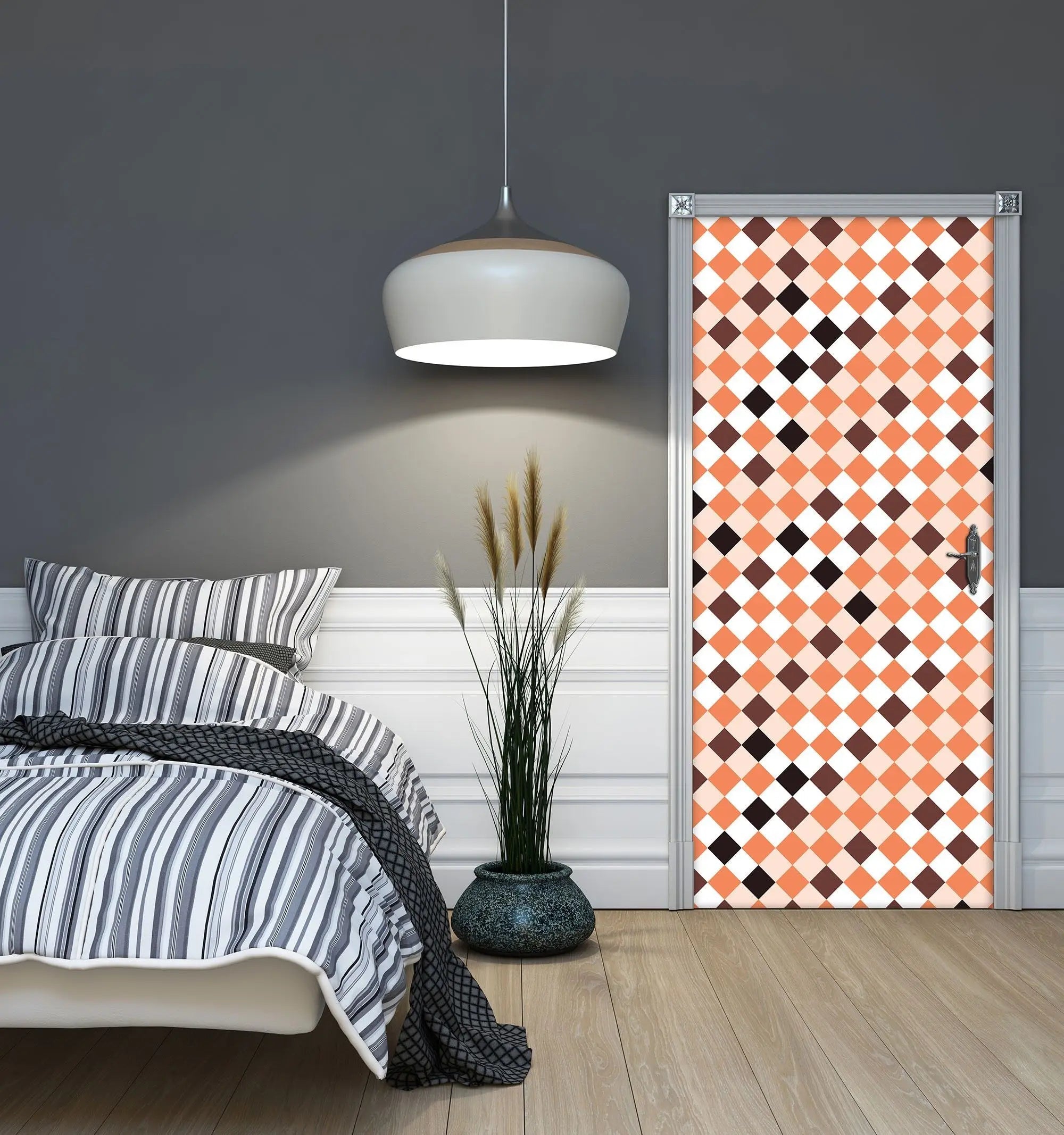 Billede 3 af Fototapet - Skakternet mønster i orange-brune nuancer