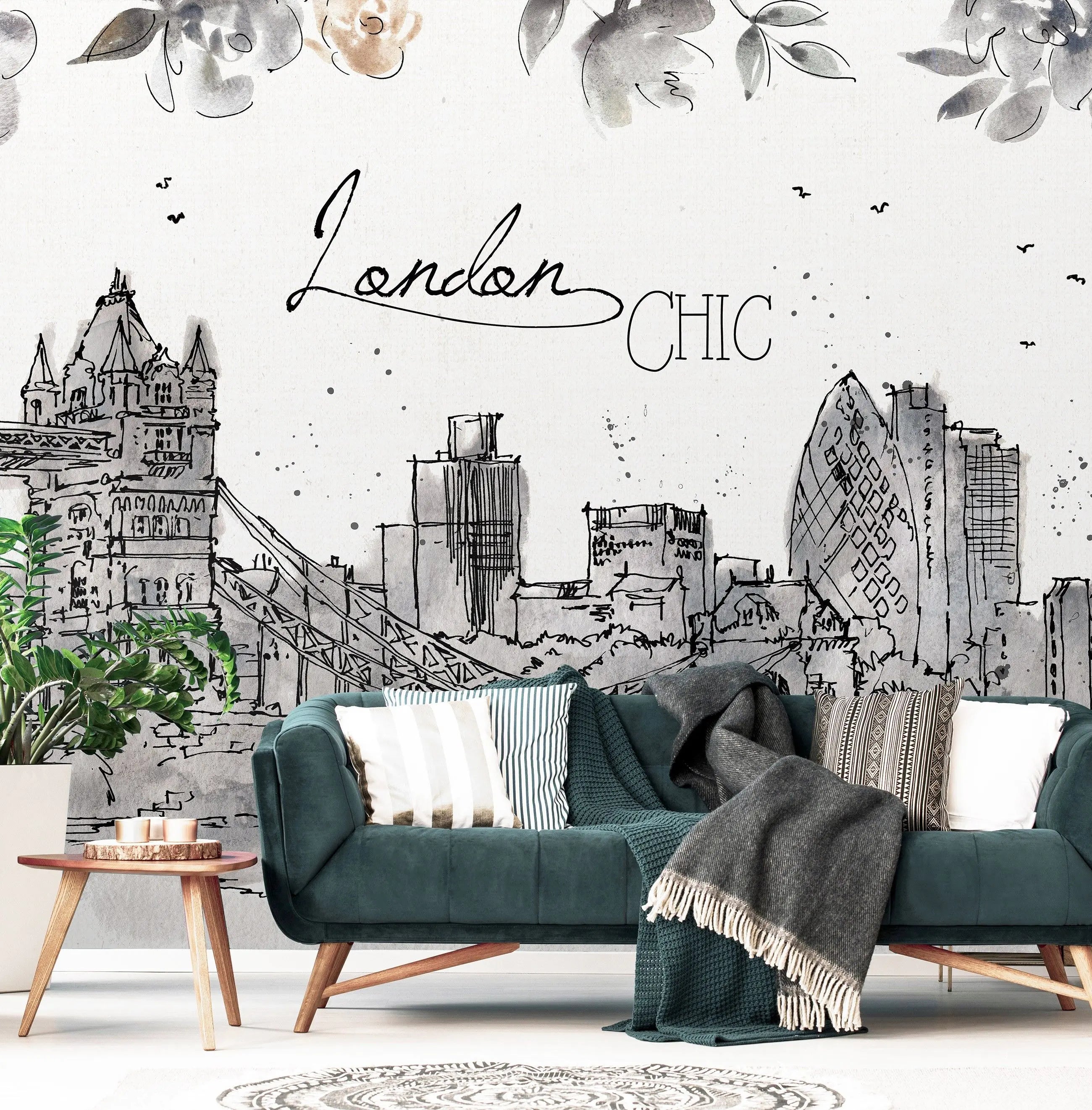 Billede 6 af Fototapet - Skitse af London med Tower Bridge og moderne bygninger