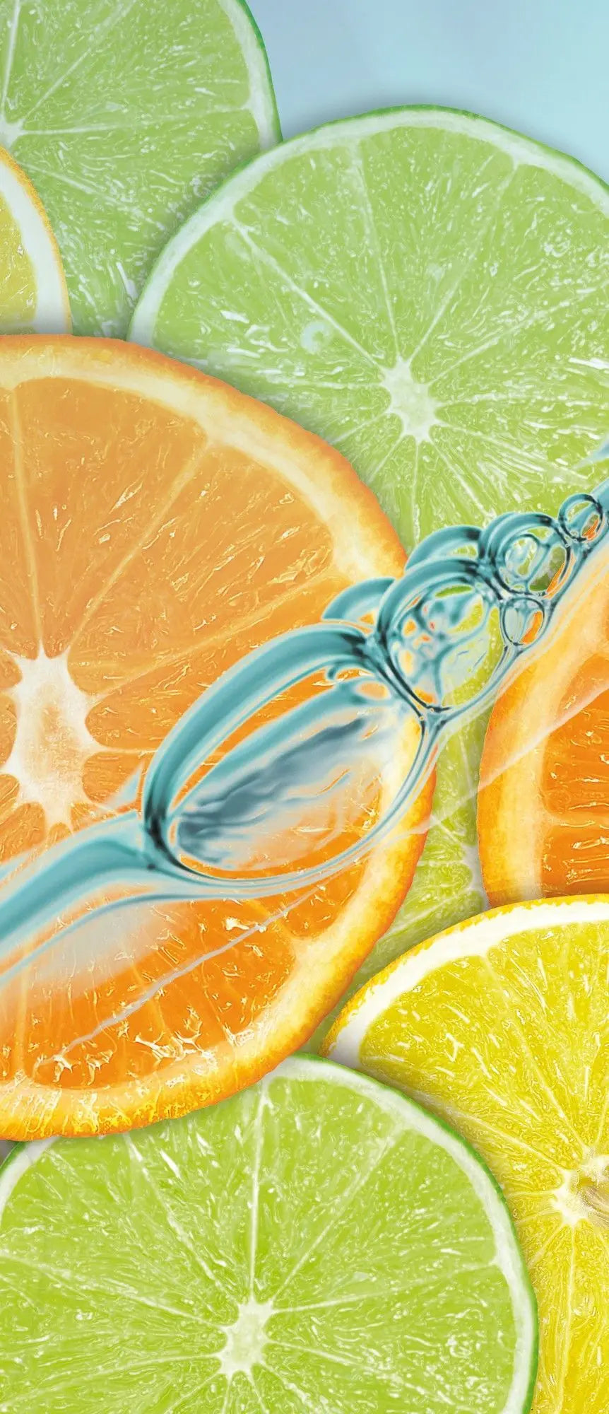 Billede 9 af Fototapet - Skiver af appelsin, citron og lime med vandbobler