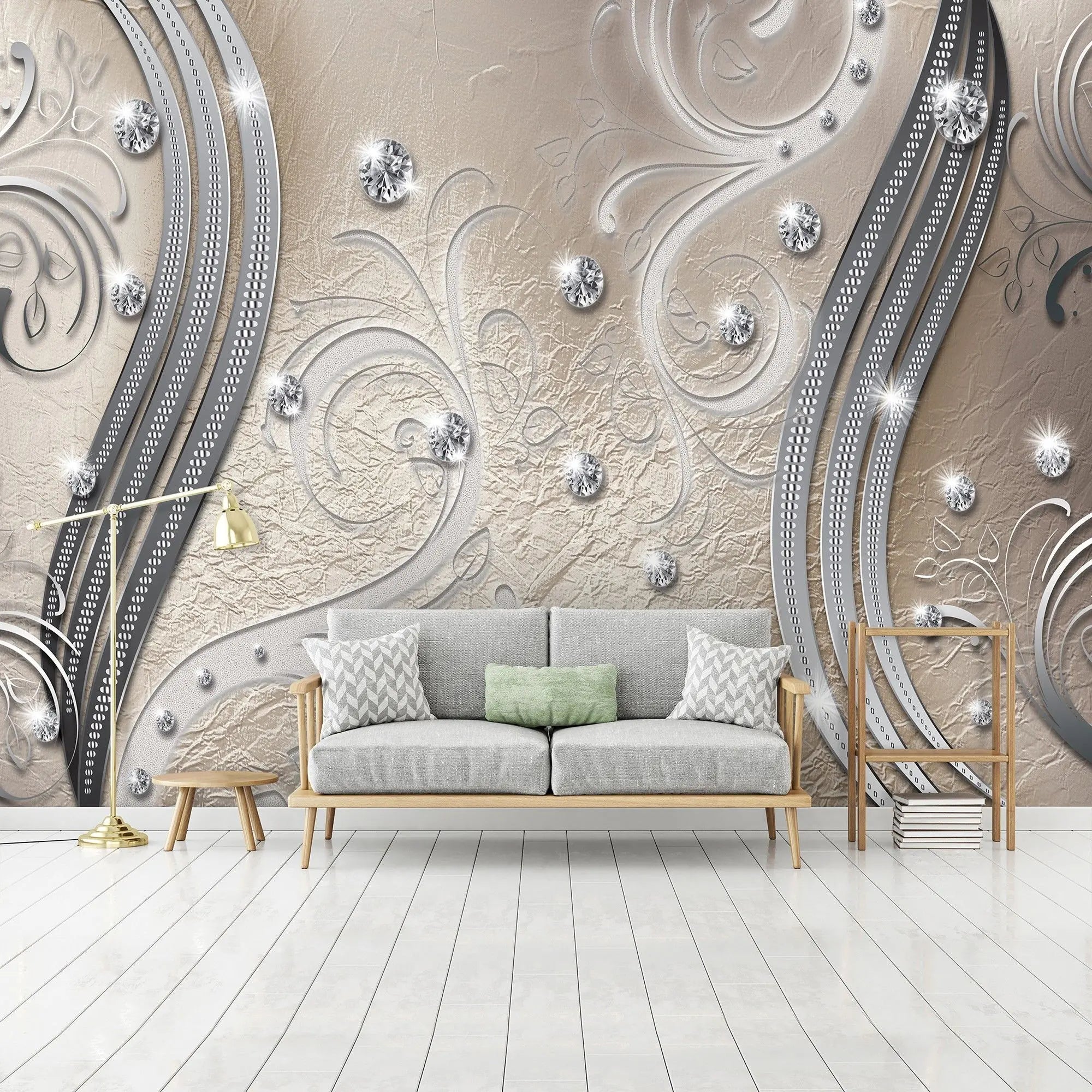 Billede 4 af Fototapet - Sølvfarvet ornamentalt mønster med glitrende sten på beige baggrund