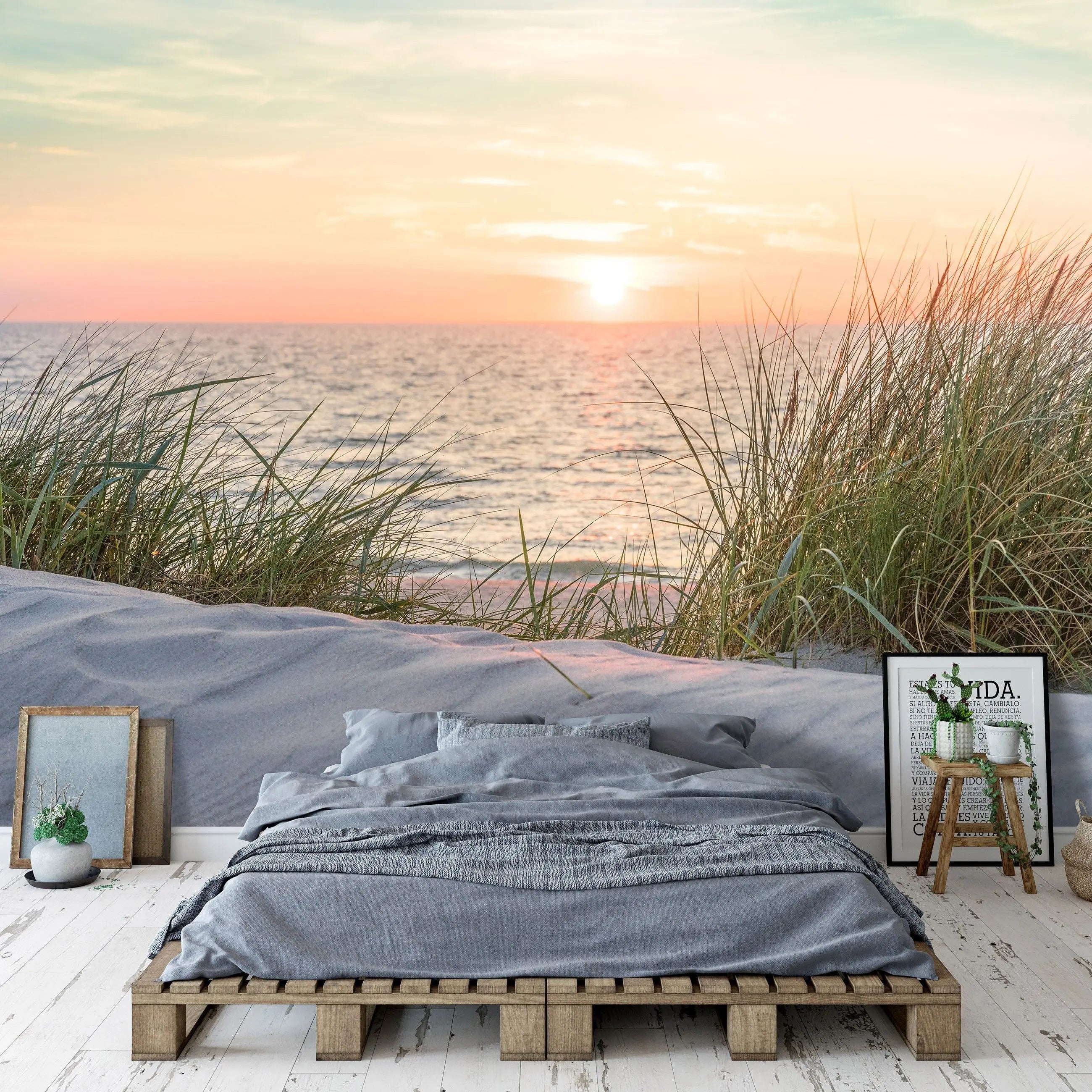Billede 8 af Fototapet - Solnedgang over havet med klitter og marehalm