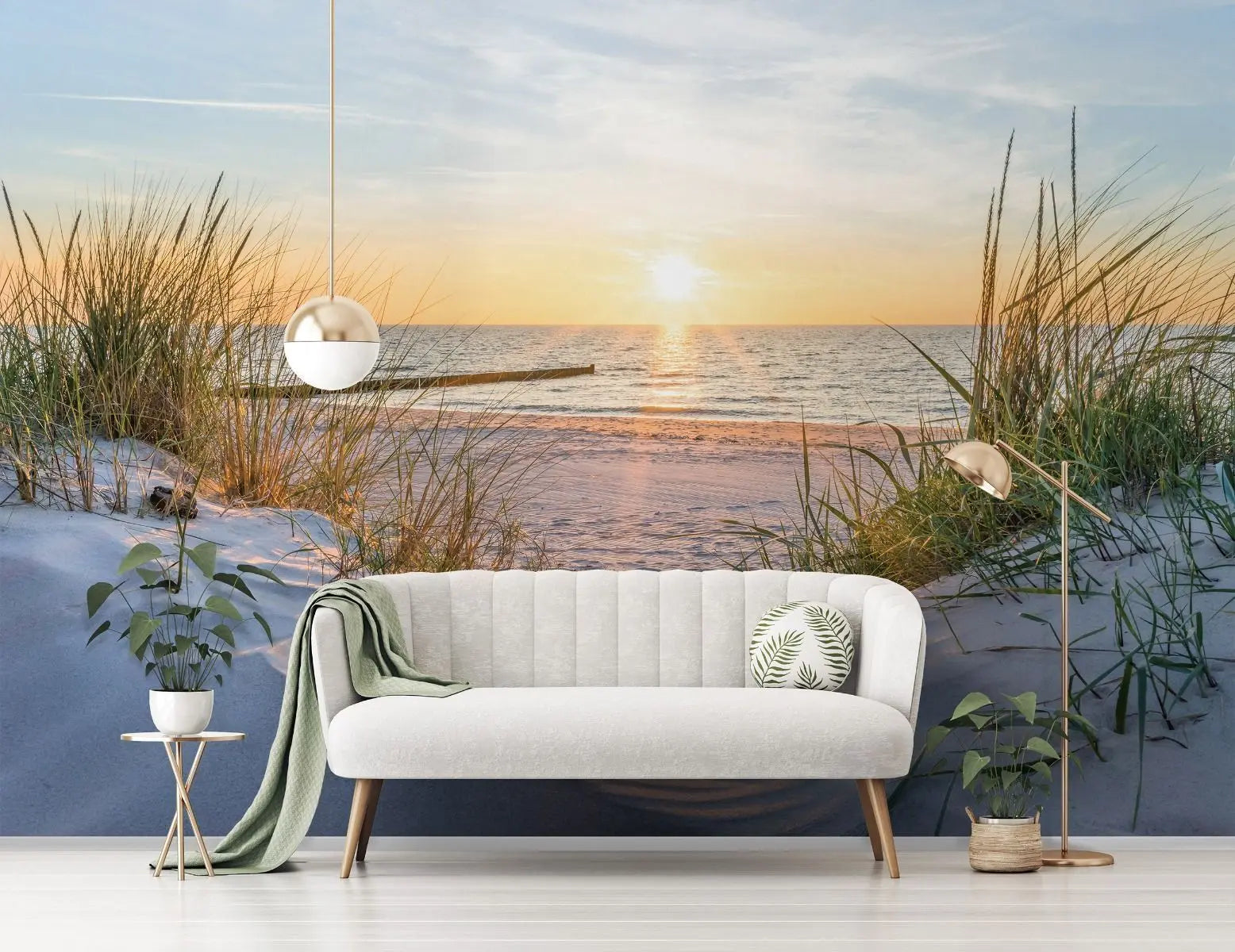 Billede 3 af Fototapet - Solnedgang ved stranden med klitter og græs