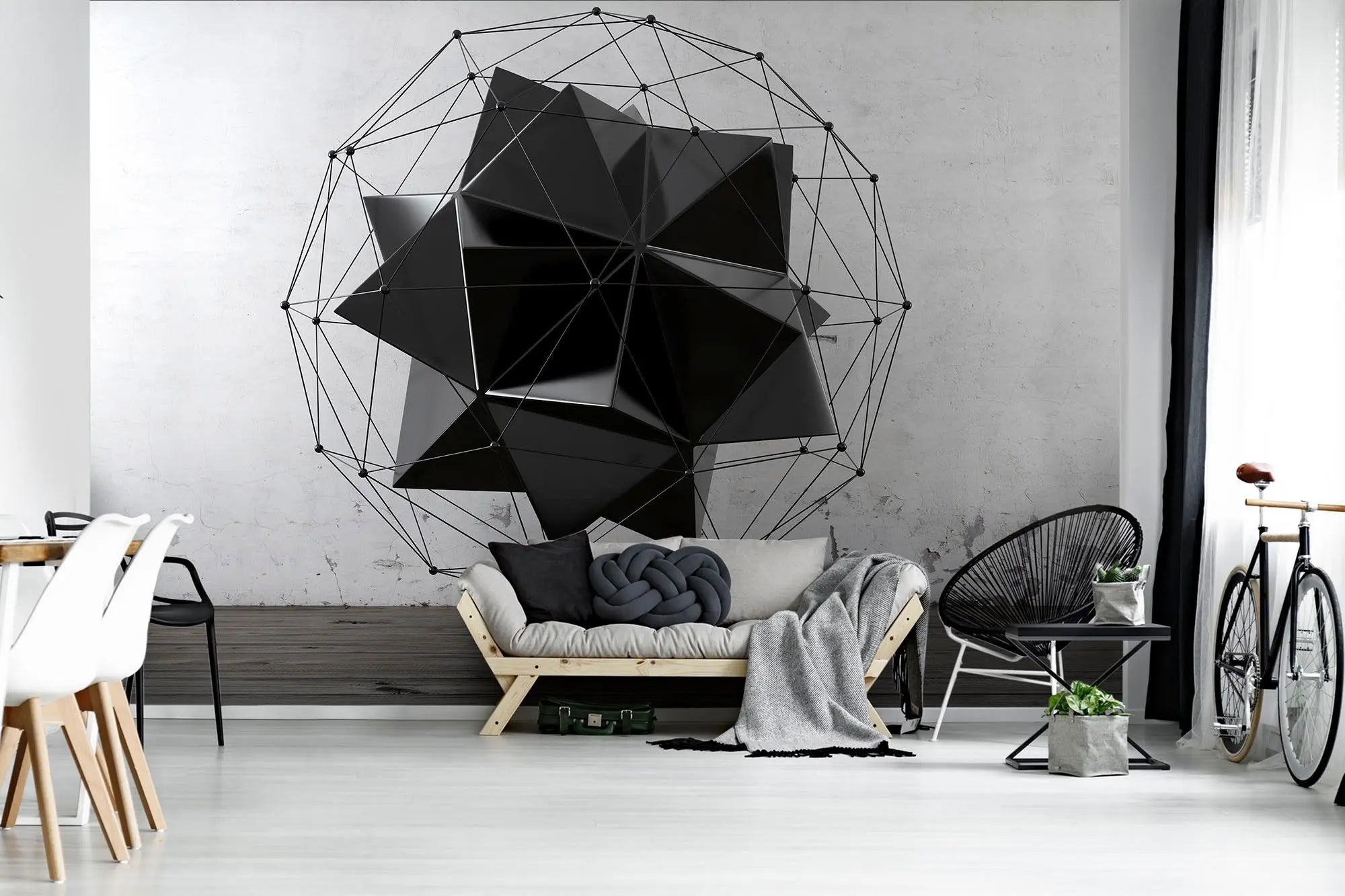 Billede 3 af Fototapet - Sort geometrisk struktur med metaltråde på grå væg