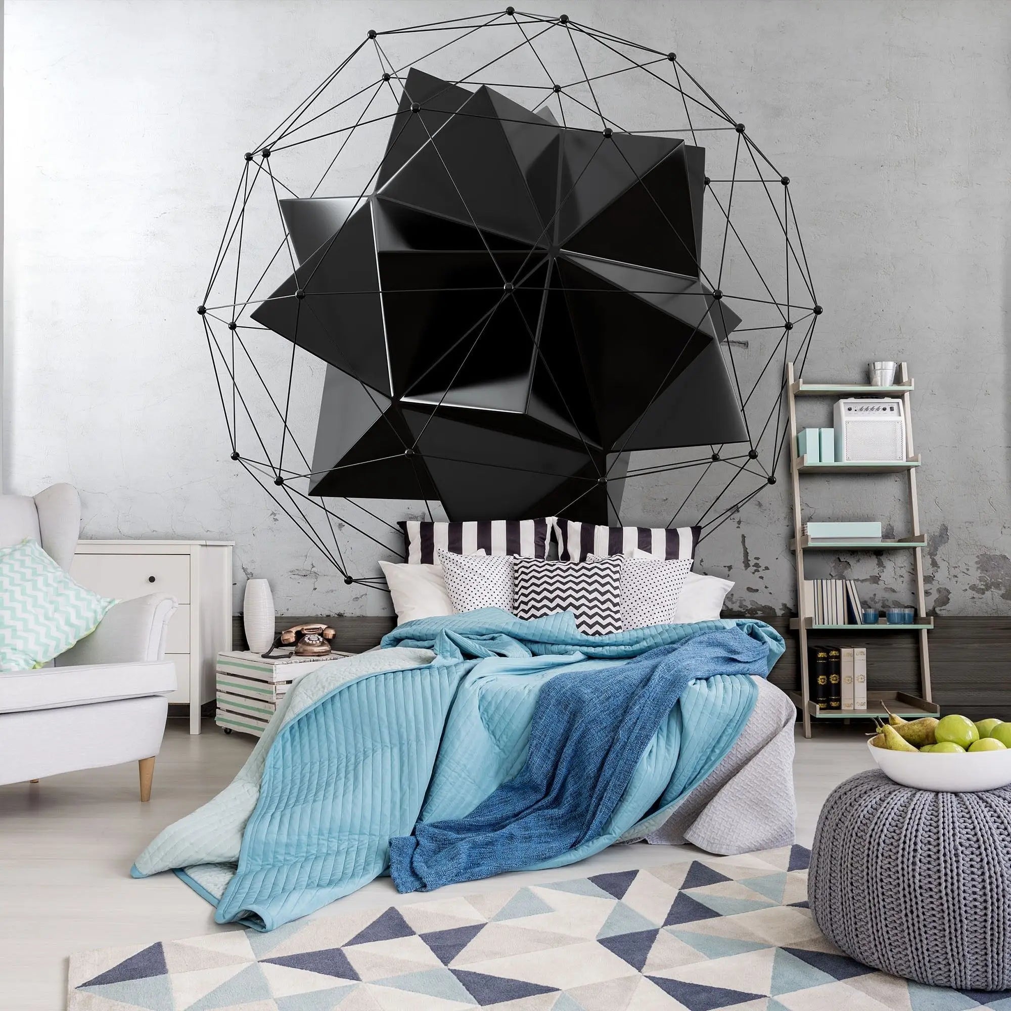 Billede 5 af Fototapet - Sort geometrisk struktur med metaltråde på grå væg