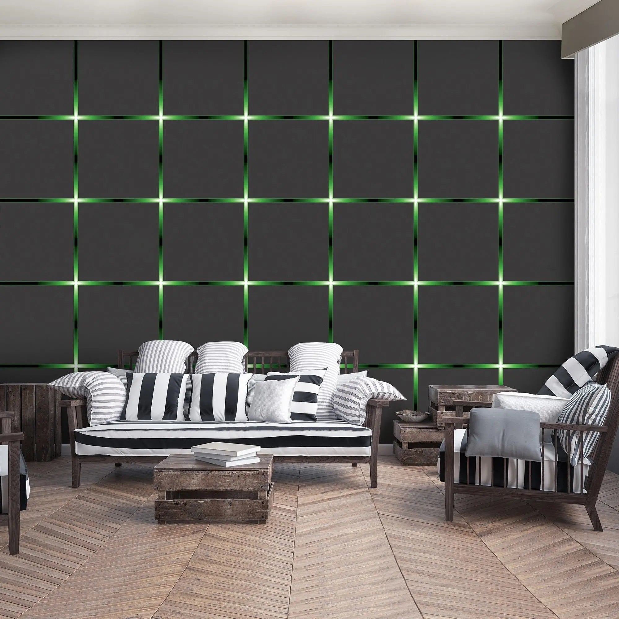 Billede 5 af Fototapet - Sort gitter med grønne lysende krydser