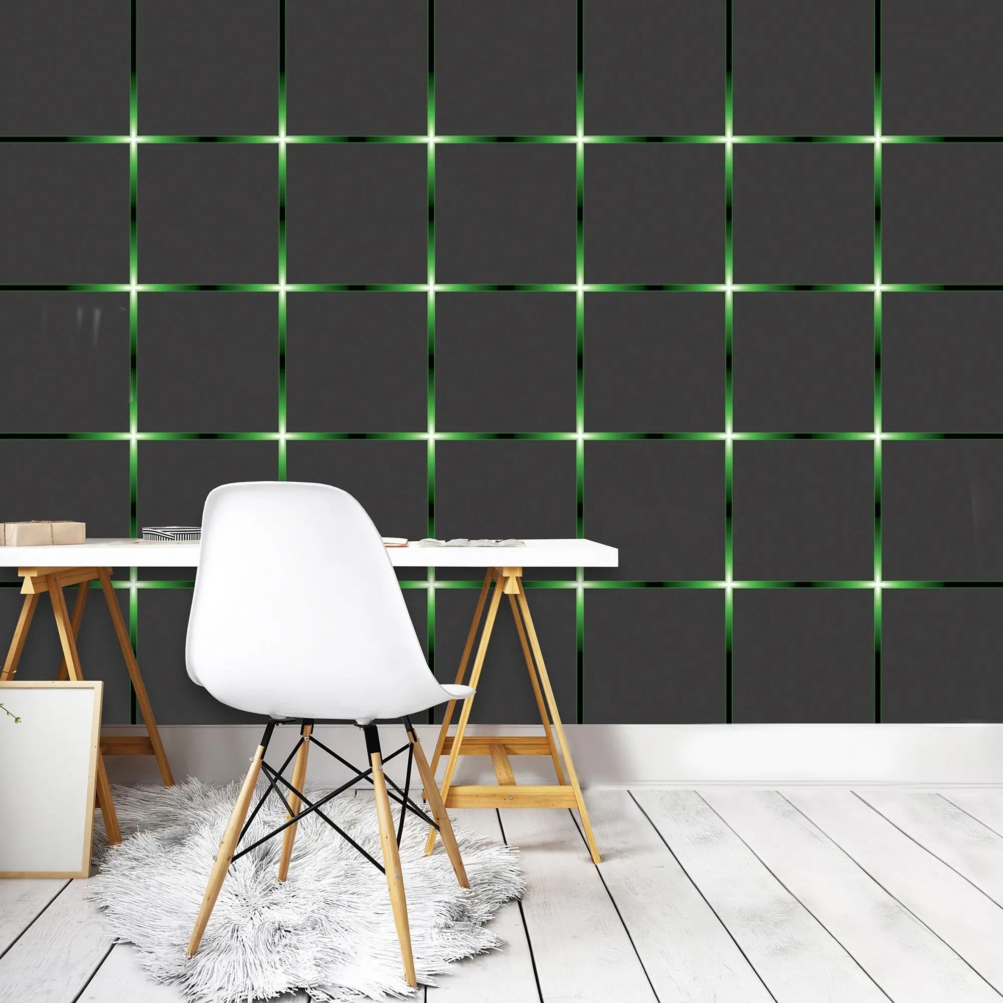 Billede 6 af Fototapet - Sort gitter med grønne lysende krydser