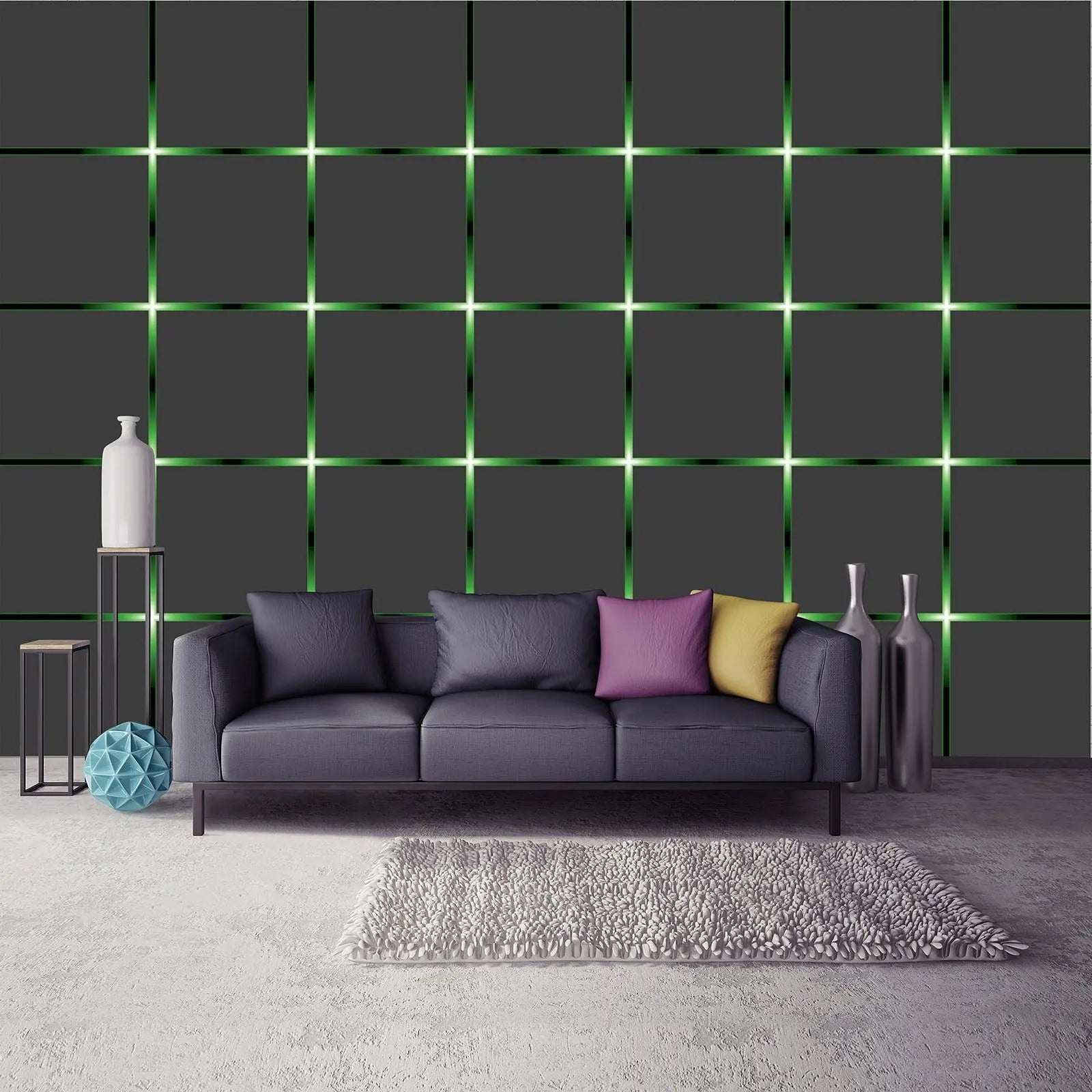 Billede 7 af Fototapet - Sort gitter med grønne lysende krydser