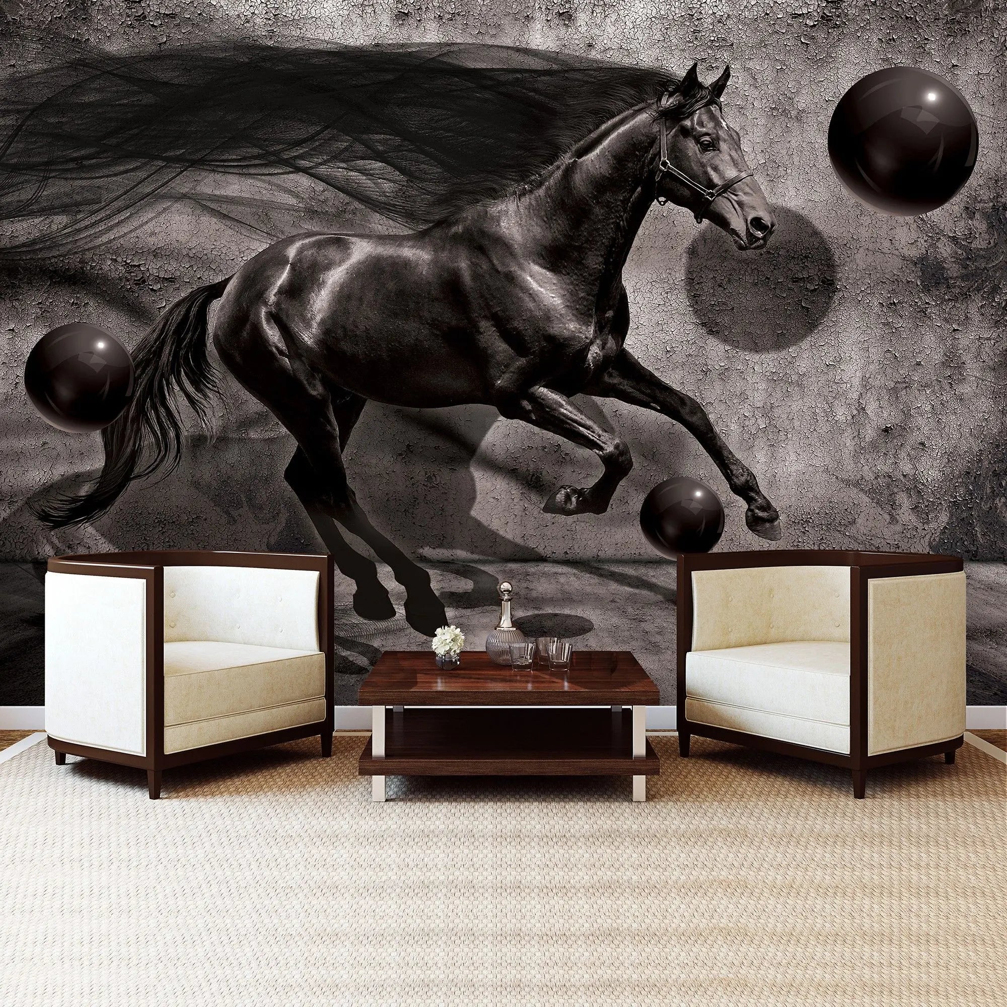 Billede 3 af Fototapet - Sort hest der løber foran grå betonvæg med sorte kugler