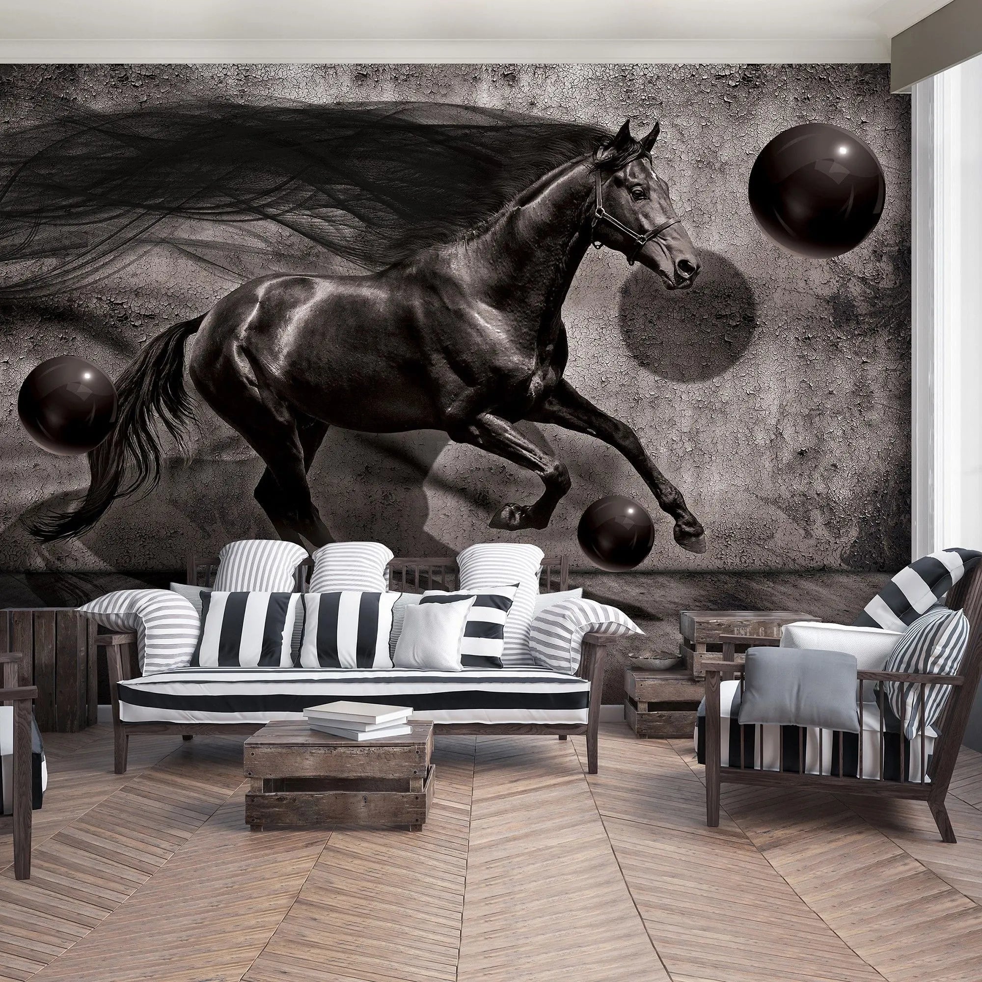 Billede 7 af Fototapet - Sort hest der løber foran grå betonvæg med sorte kugler
