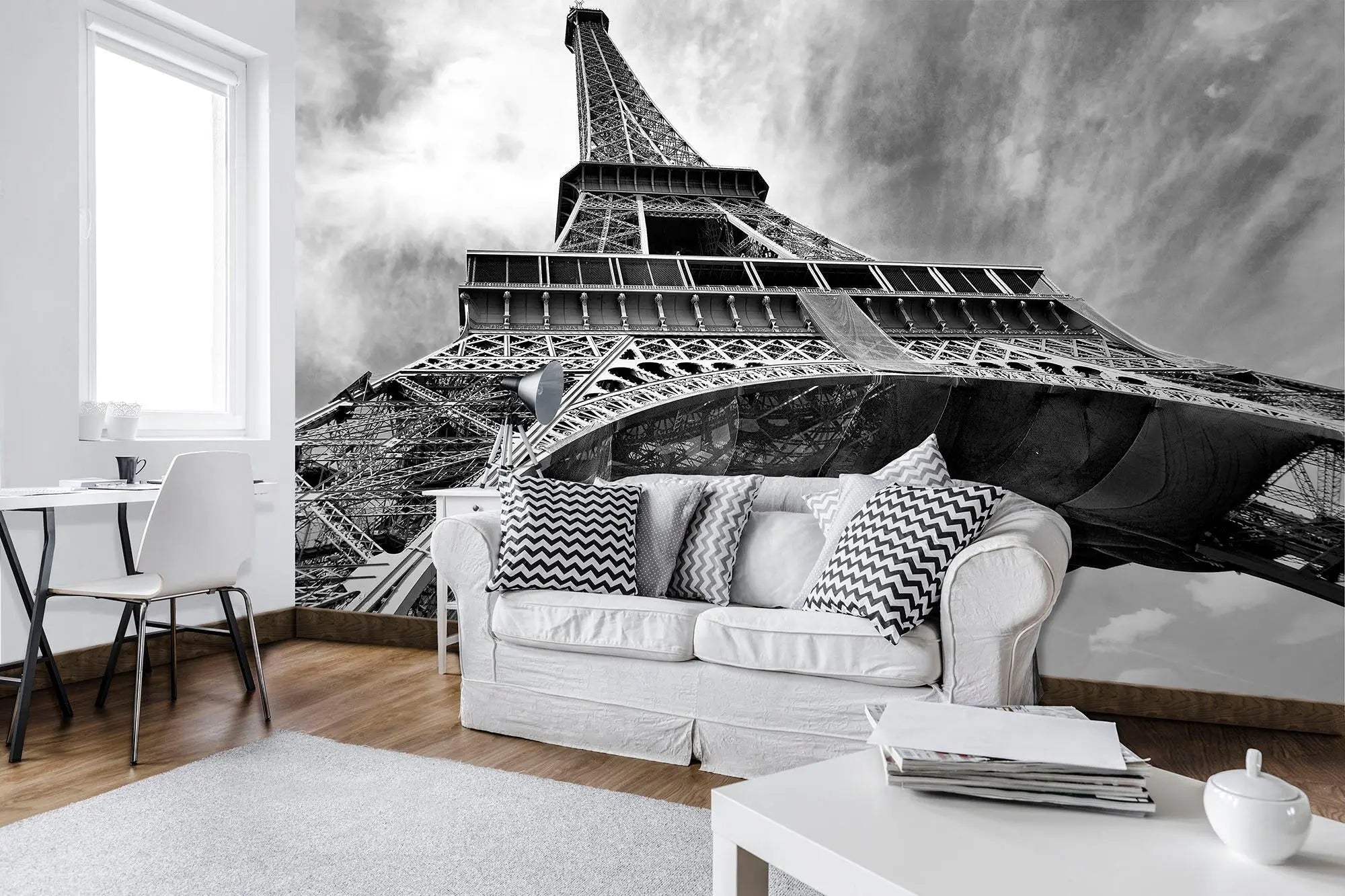 Billede 3 af Fototapet - Sort-hvid foto af Eiffeltårnet set nedefra, Paris