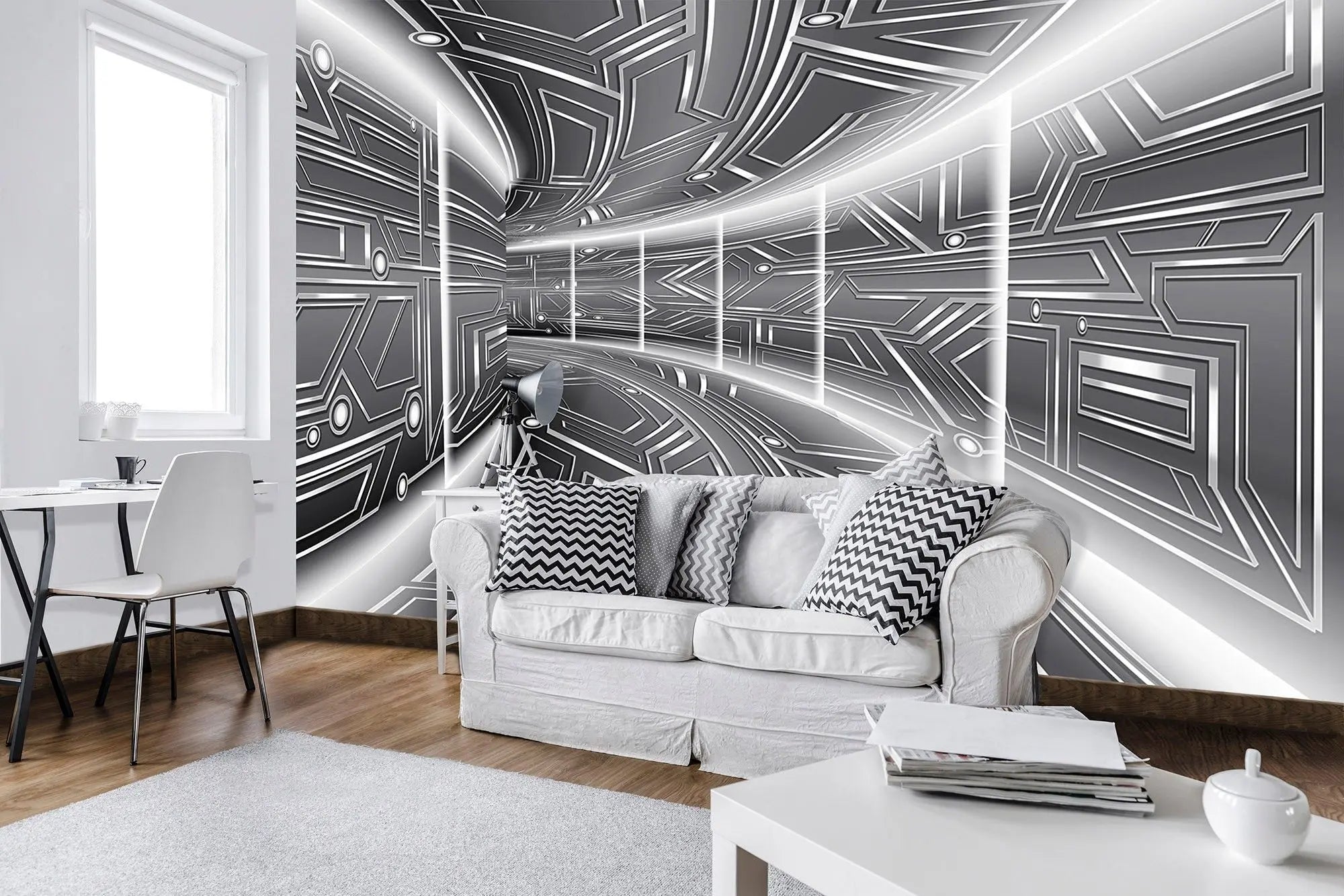 Billede 2 af Fototapet - Sort-hvid futuristisk mønstret korridor
