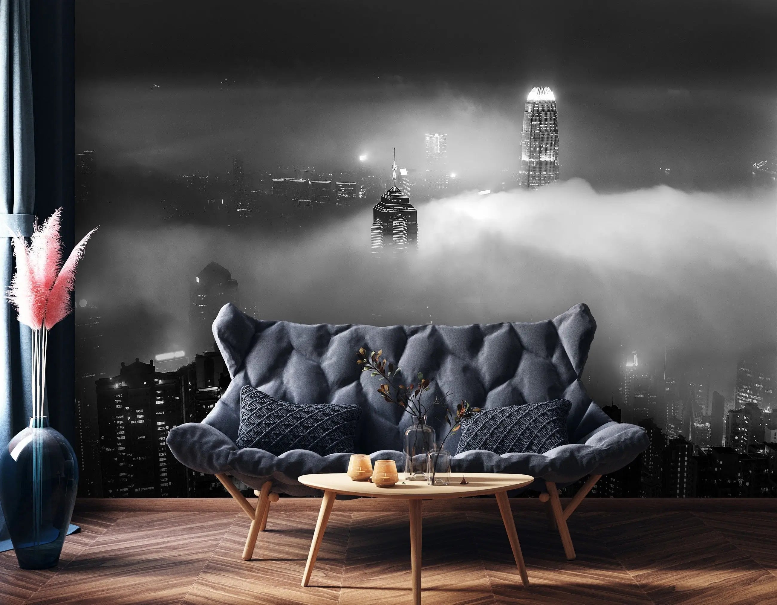 Billede 5 af Fototapet - Sort-hvid natudsigt over Hongkongs skyline med skyskrabere i tåge