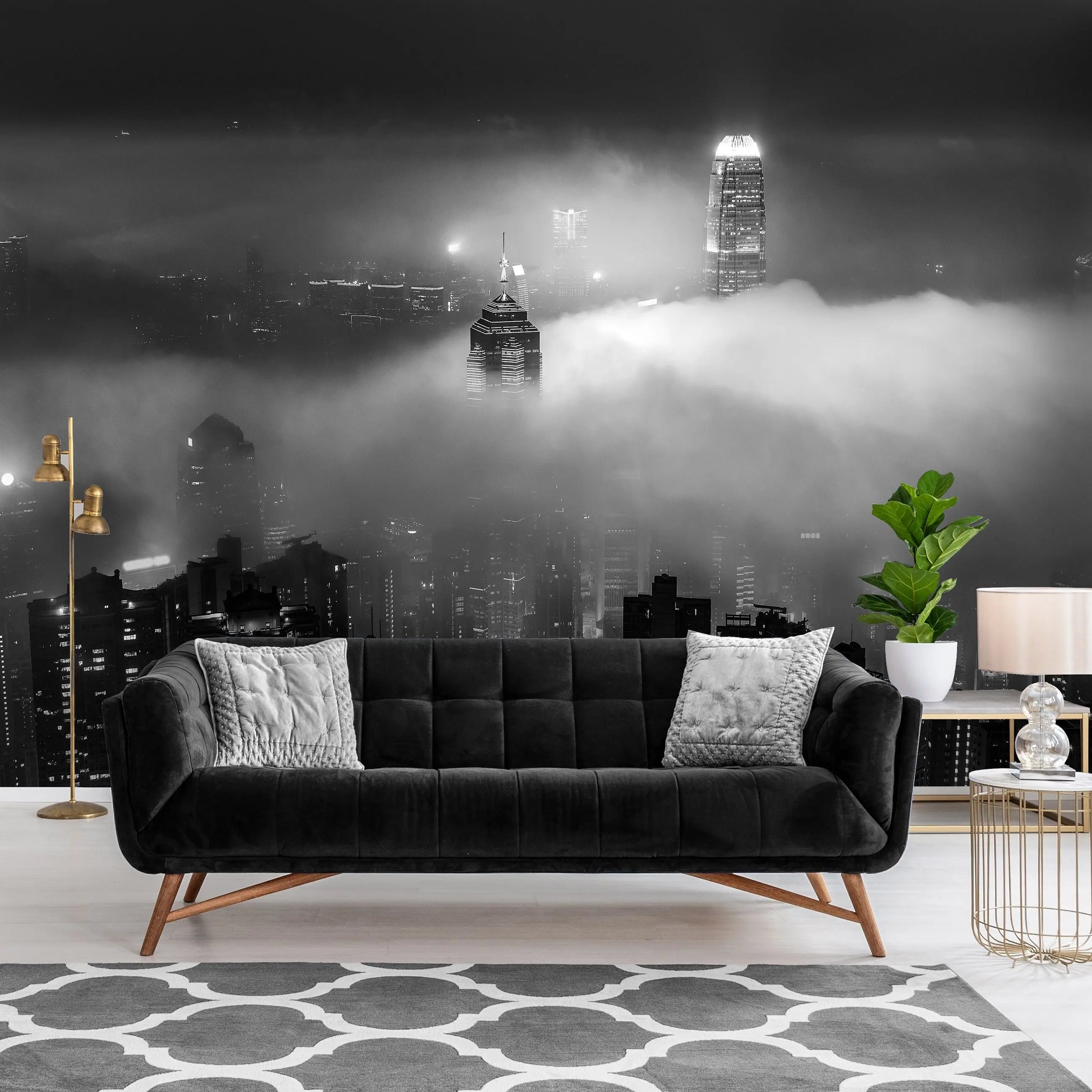 Billede 6 af Fototapet - Sort-hvid natudsigt over Hongkongs skyline med skyskrabere i tåge