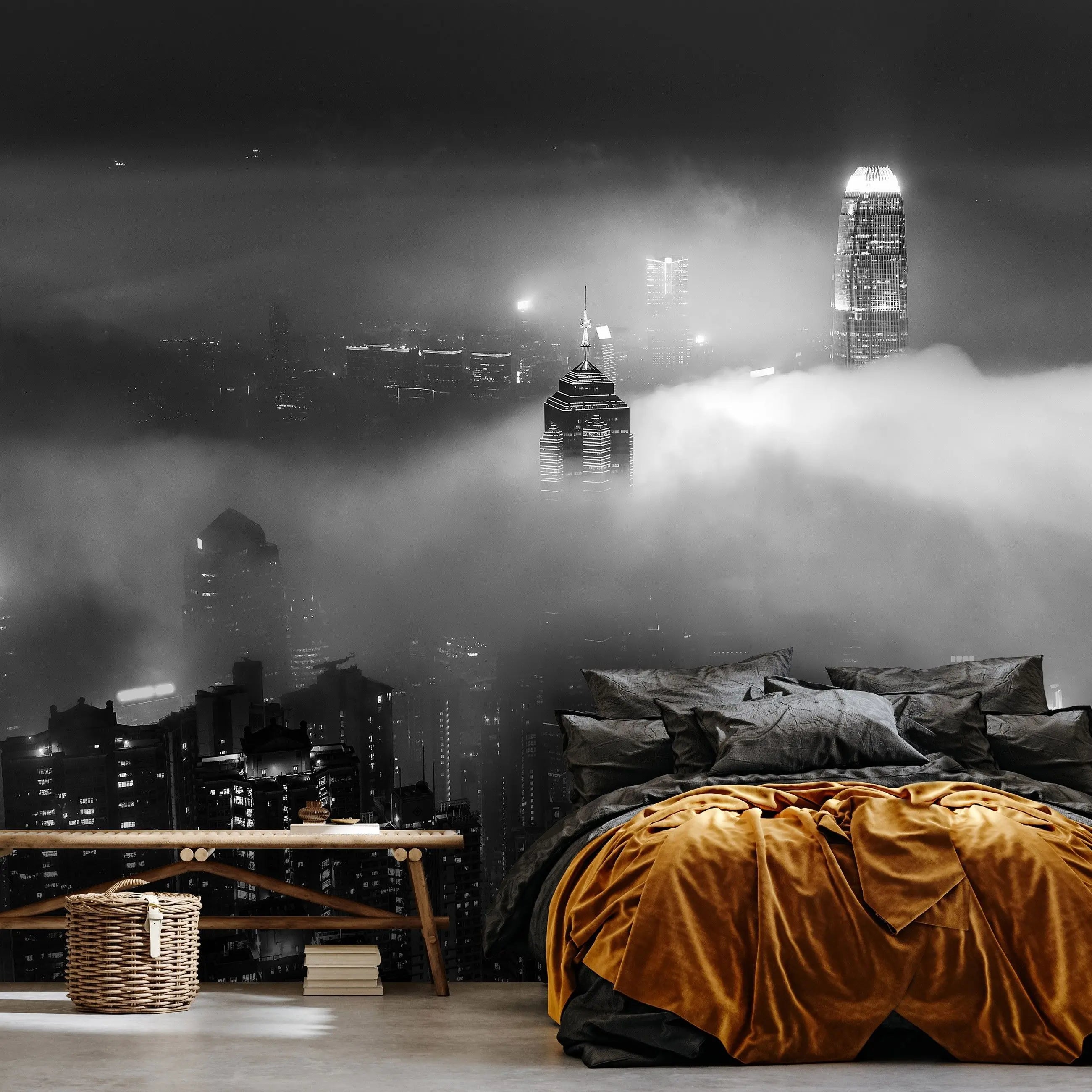 Billede 7 af Fototapet - Sort-hvid natudsigt over Hongkongs skyline med skyskrabere i tåge