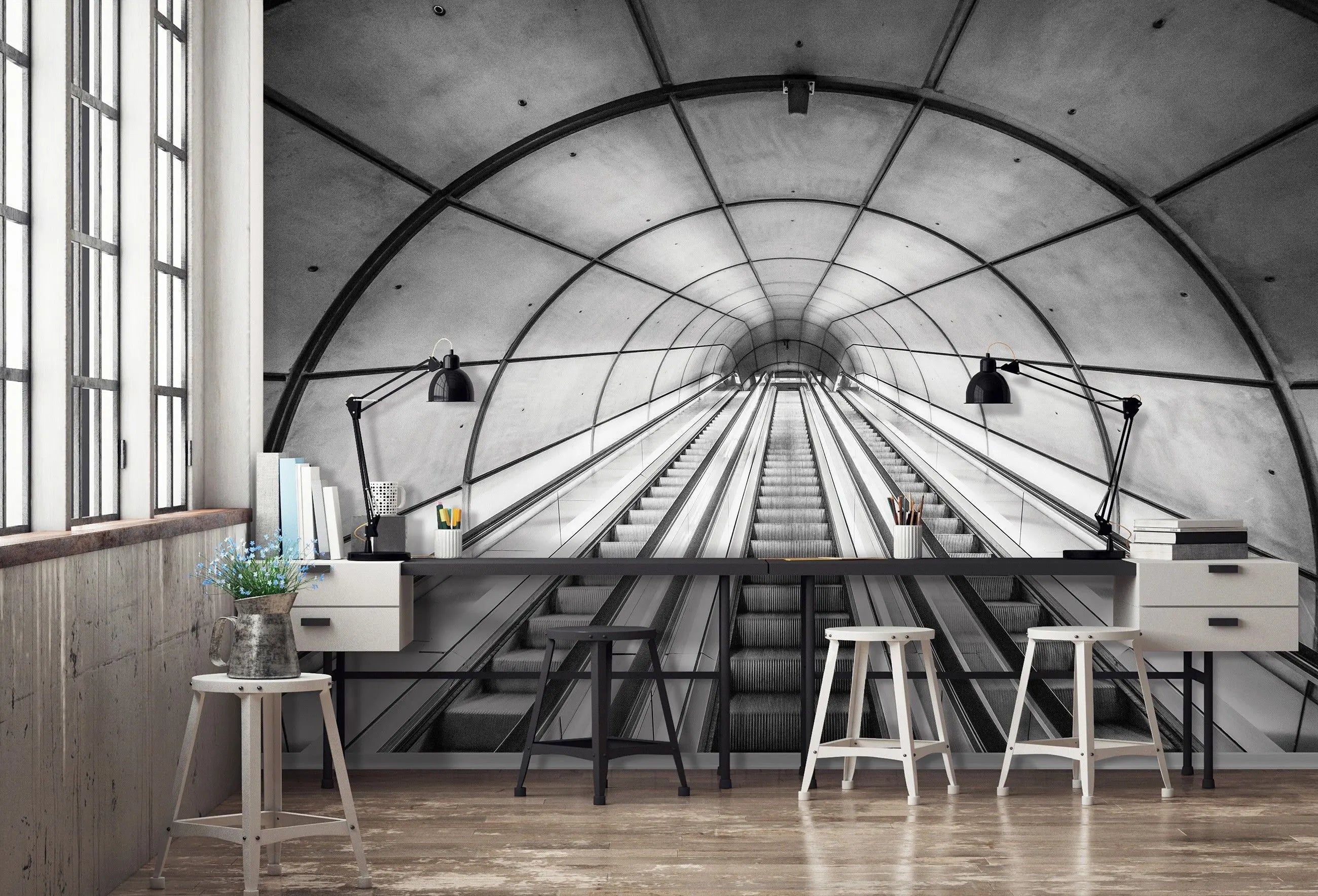 Billede 3 af Fototapet - Sort-hvid rulletrappe i tunnel