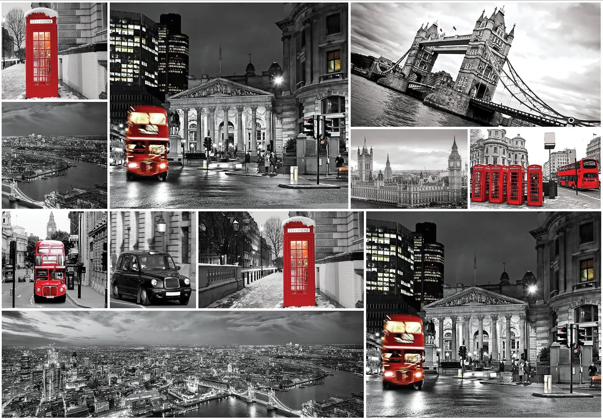 Billede 1 af Fototapet - Sort-hvide billeder af London med røde telefonbokse og busser