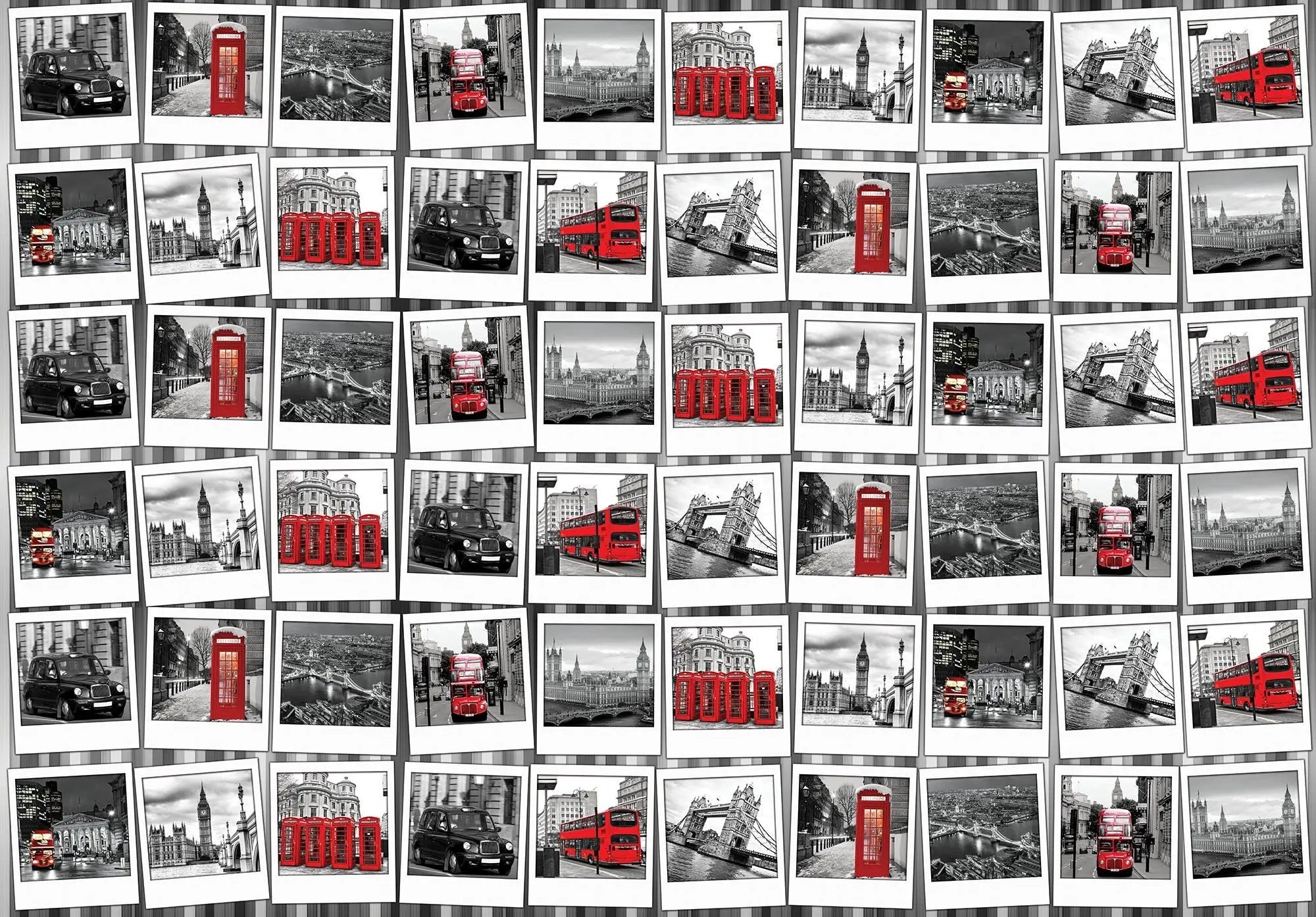Billede 1 af Fototapet - Sort-hvide billeder af Londons vartegn med røde busser og telefonbokse