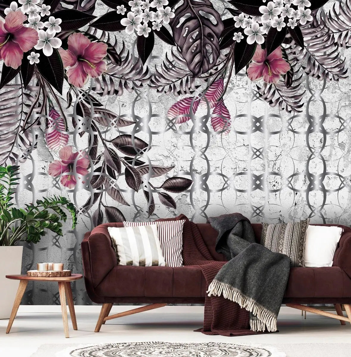 Billede 5 af Fototapet - Sort-hvide blade og lyserøde blomster med mønstret baggrund