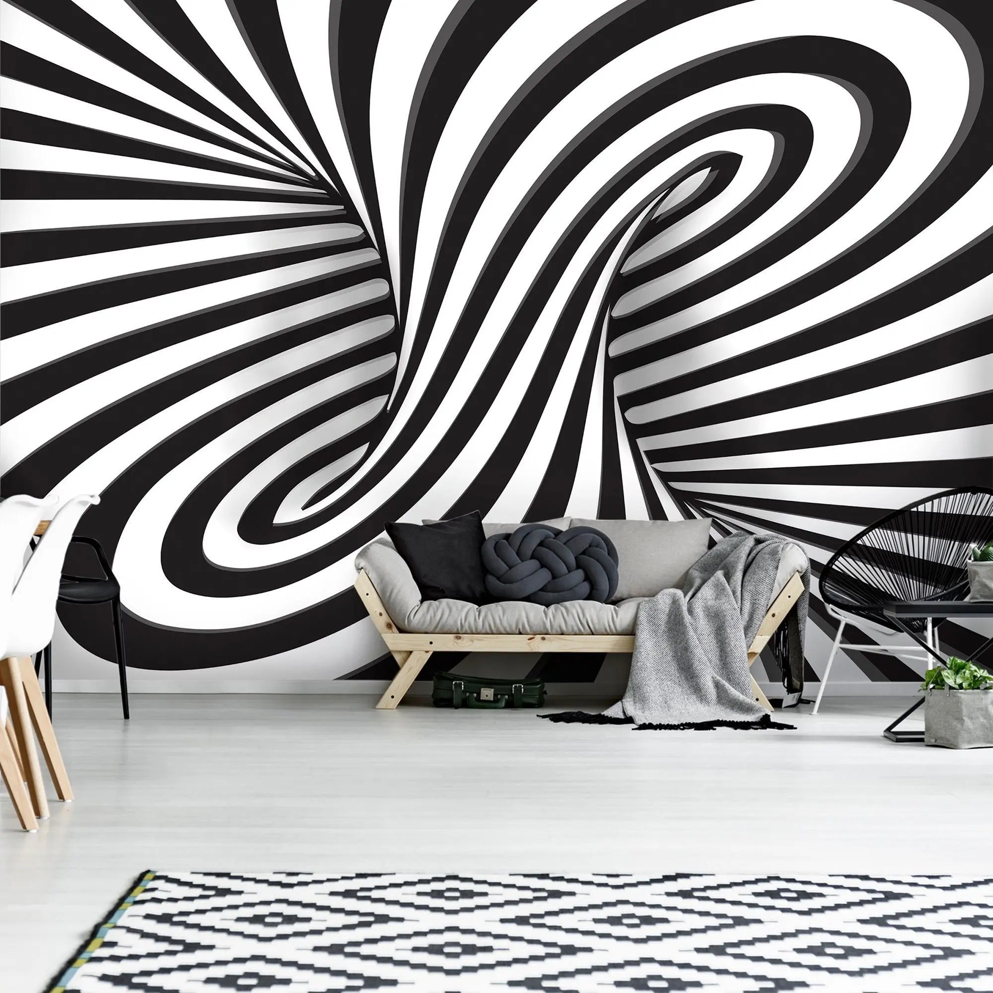 Billede 4 af Fototapet - Sort-hvide bølgede linjer i spiralform