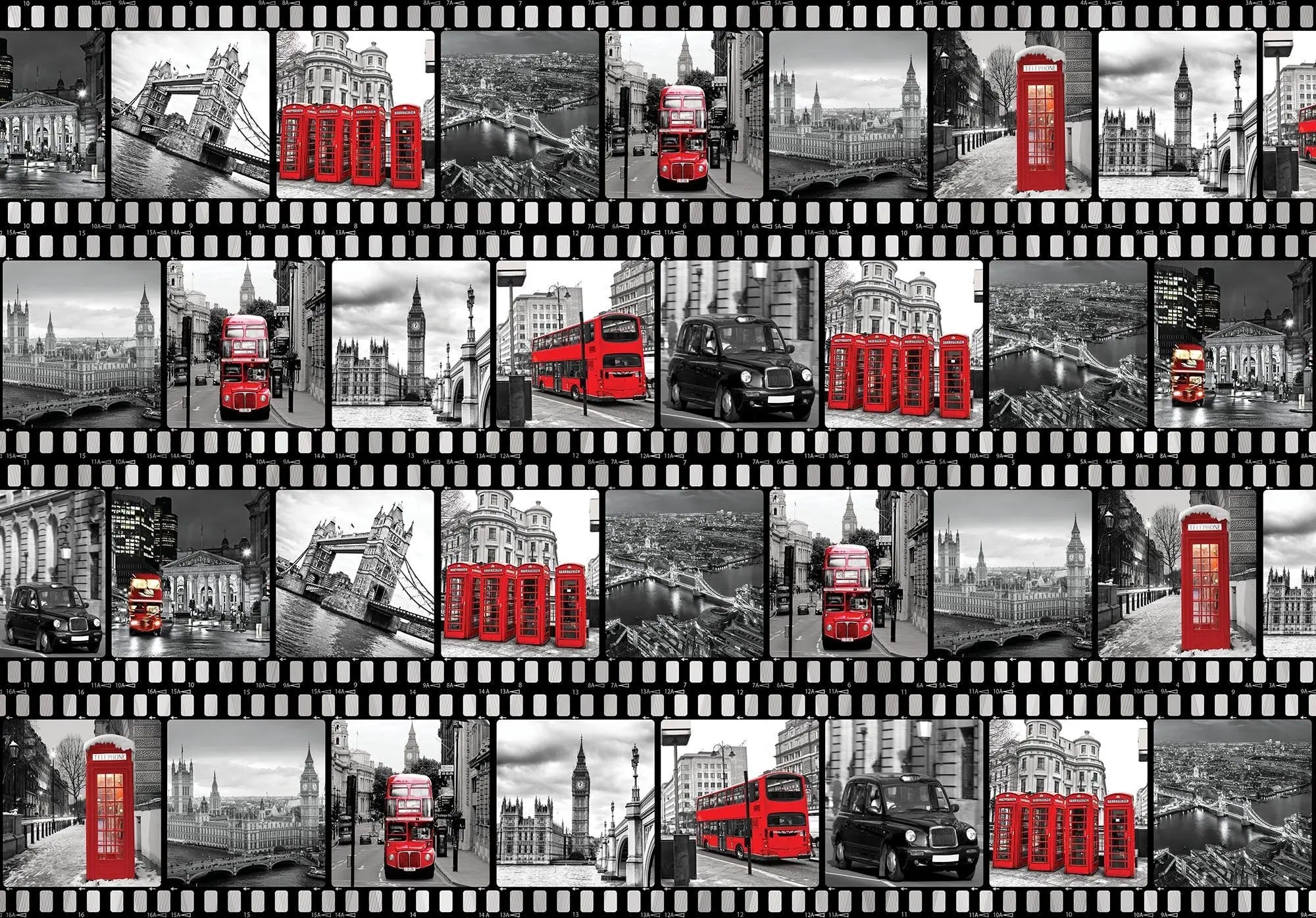 Billede 1 af Fototapet - Sort-hvide fotografier med røde London-busser og telefonbokse