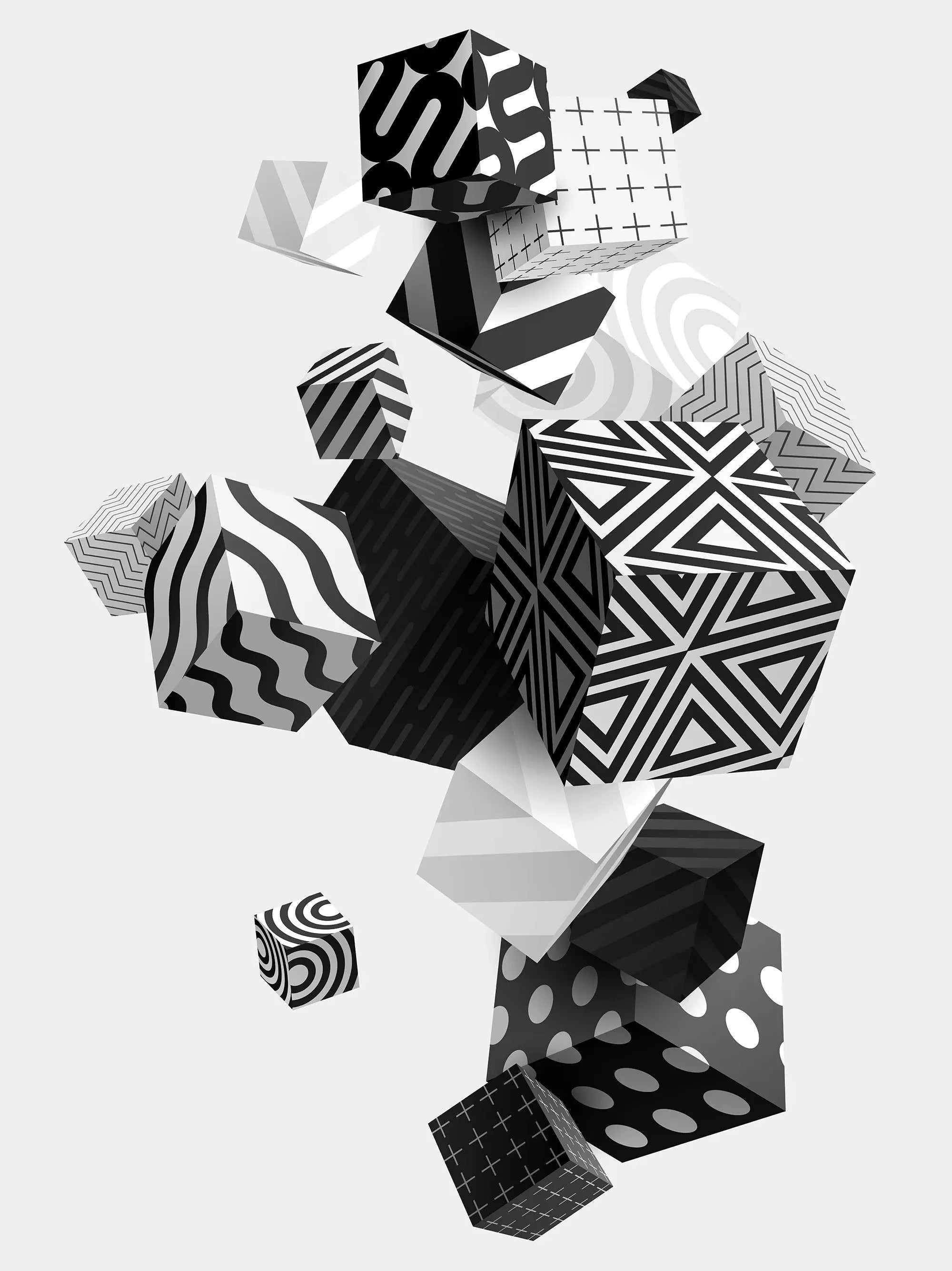 Billede 1 af Fototapet - Sort-hvide geometriske kuber med forskellige mønstre