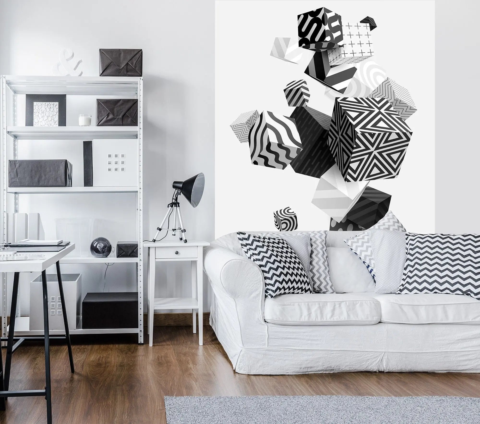Billede 2 af Fototapet - Sort-hvide geometriske kuber med forskellige mønstre