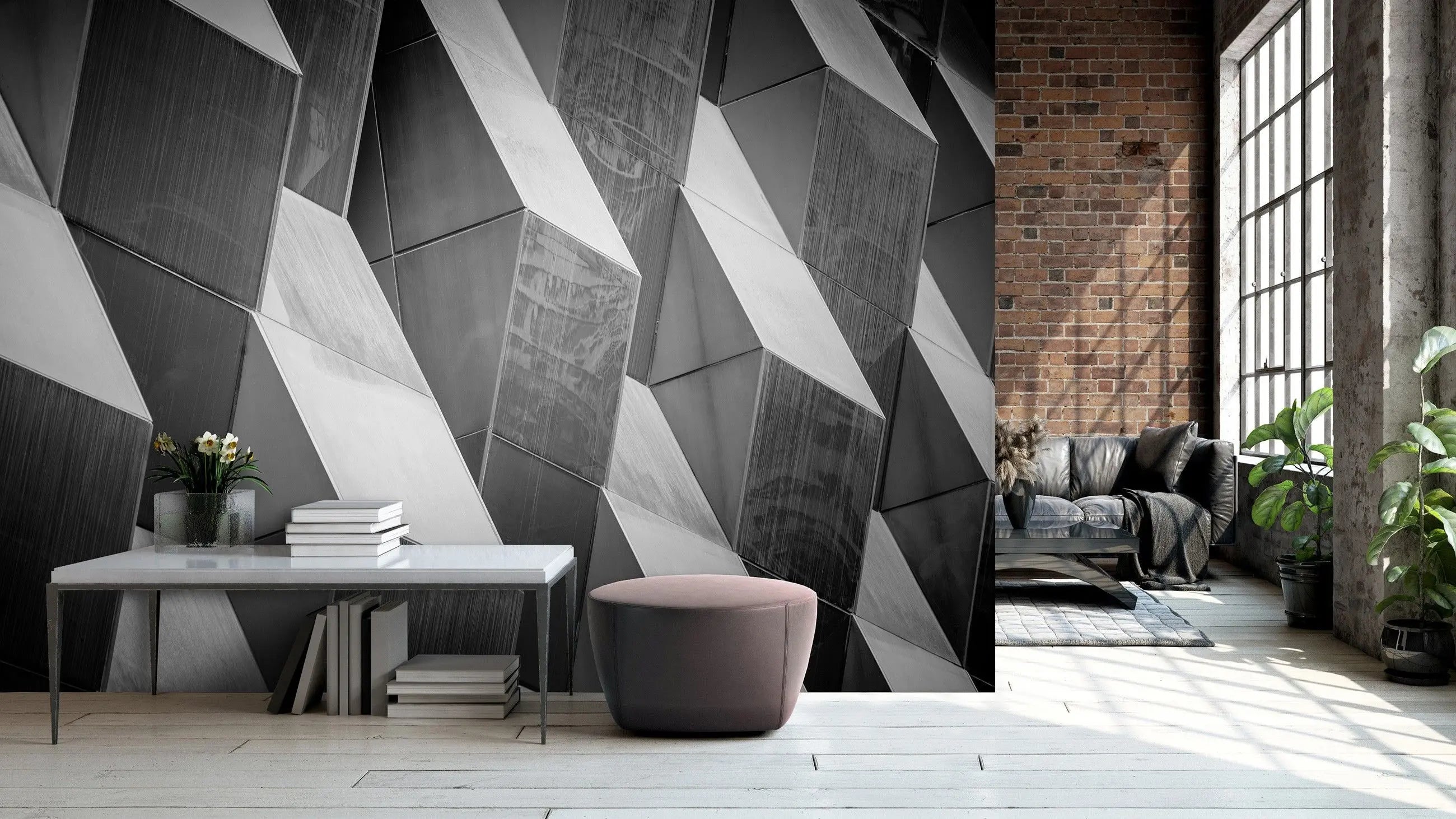 Billede 3 af Fototapet - Sort-hvide geometriske terninger på facaden