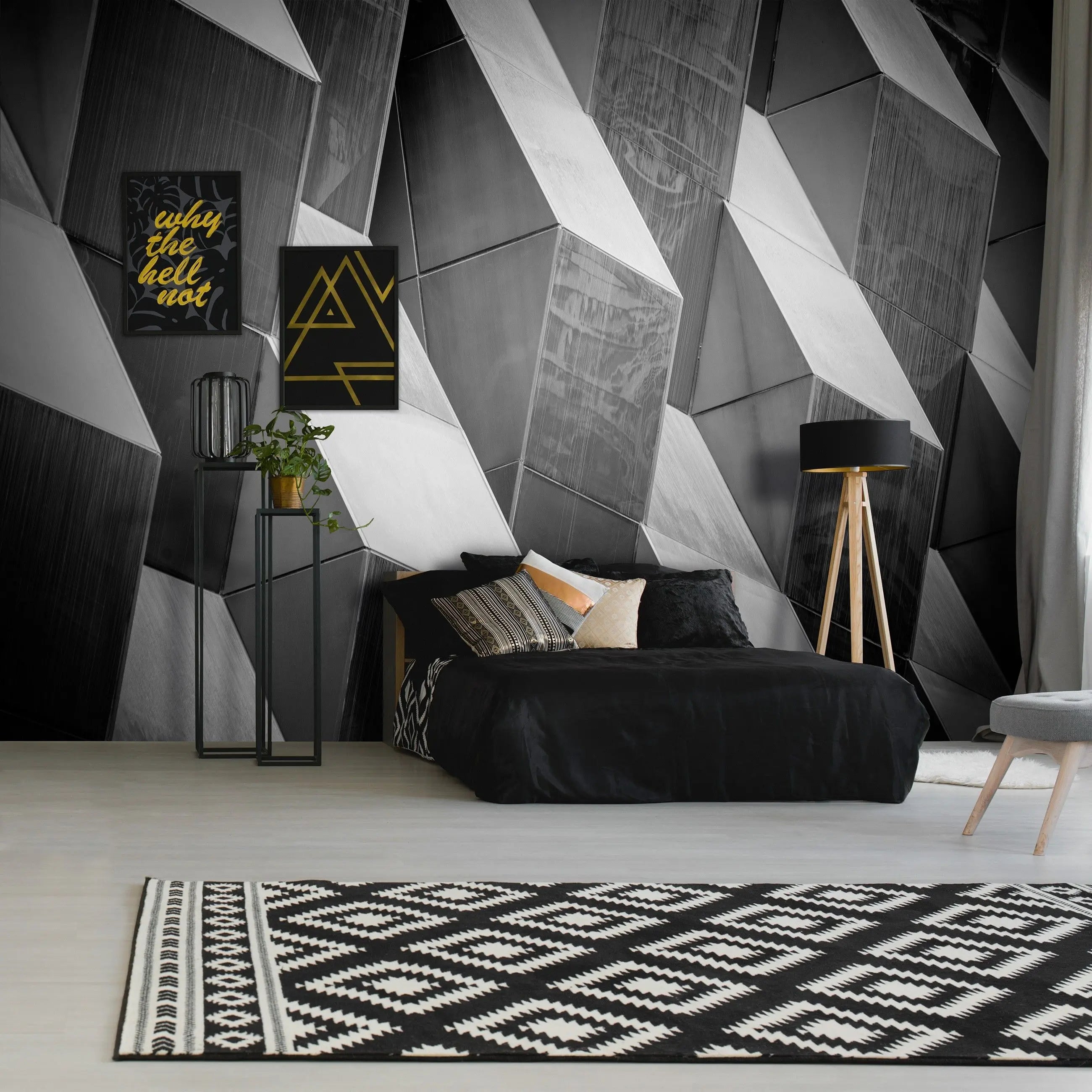 Billede 6 af Fototapet - Sort-hvide geometriske terninger på facaden