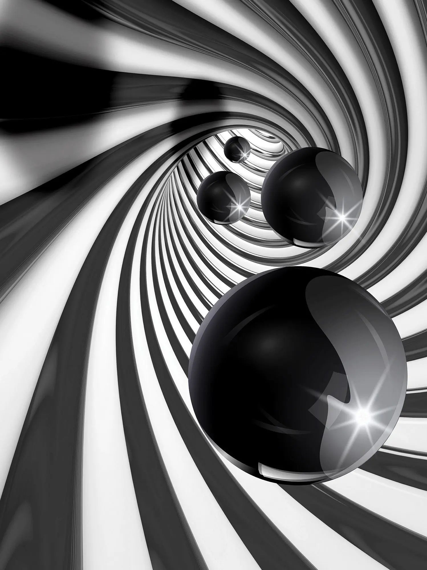 Billede 8 af Fototapet - Sort-hvide spiralstriber med blanke sorte kugler