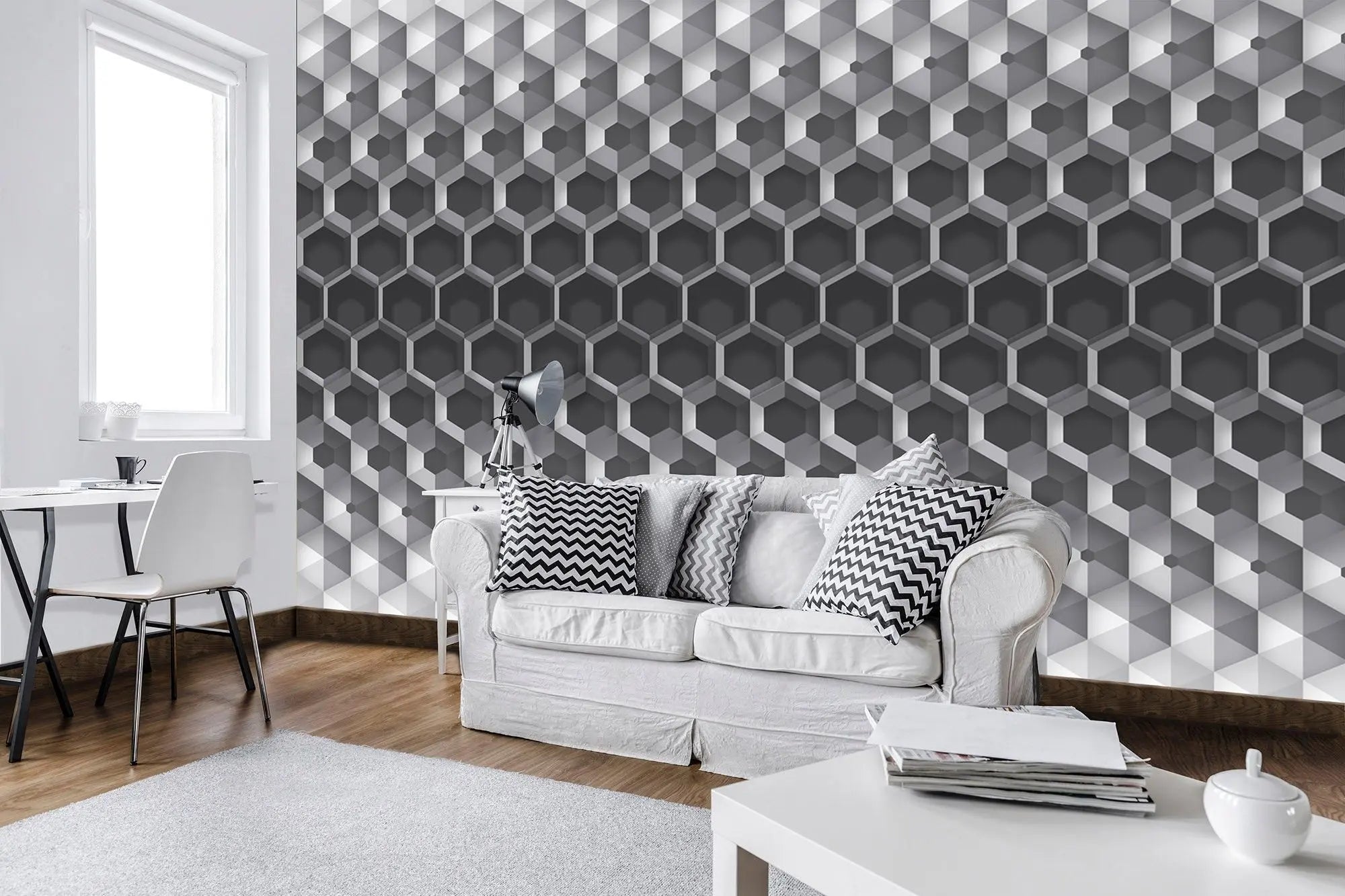 Billede 2 af Fototapet - Sort-hvidt geometrisk mønster med sekskantet design