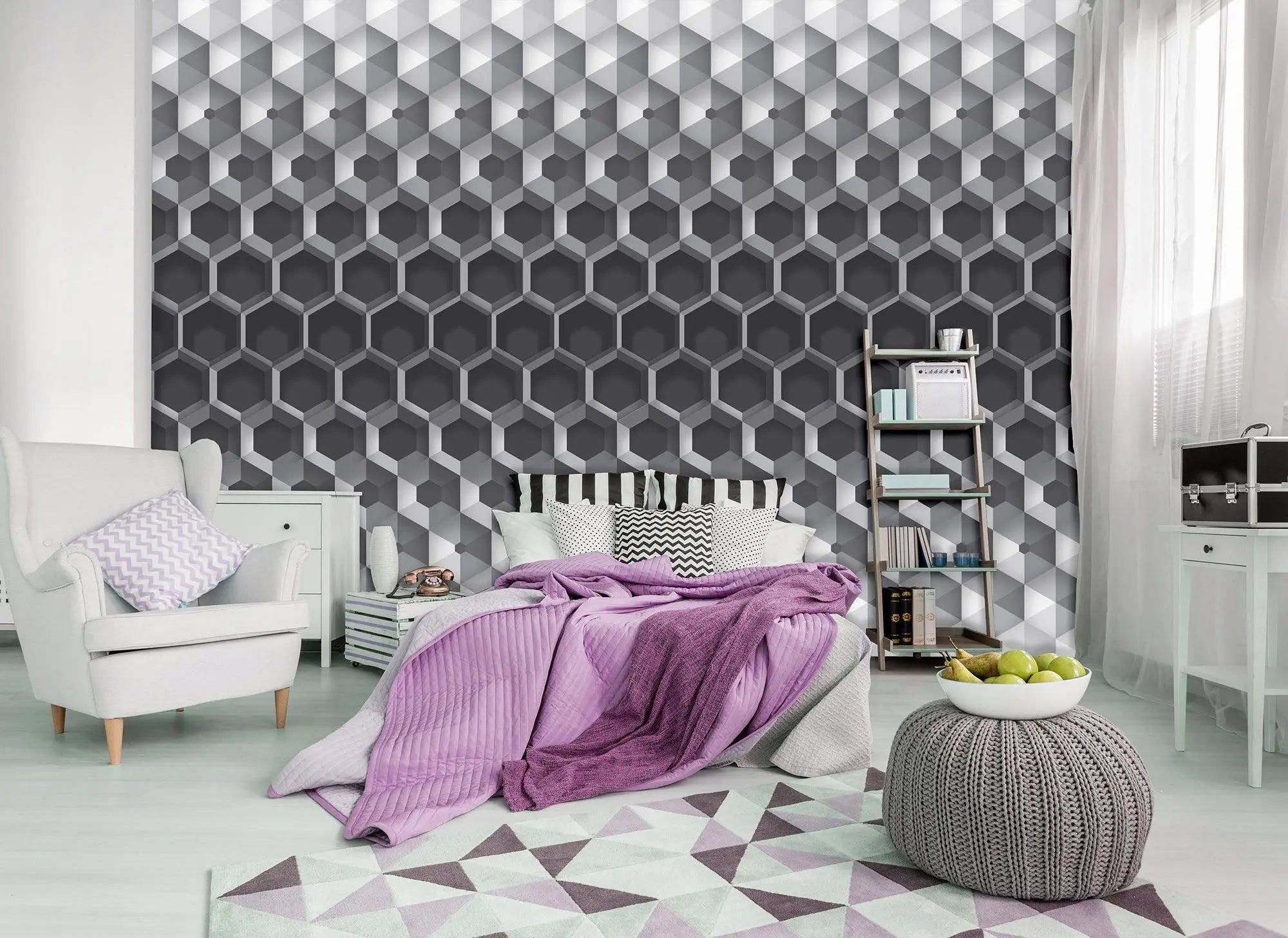 Billede 3 af Fototapet - Sort-hvidt geometrisk mønster med sekskantet design