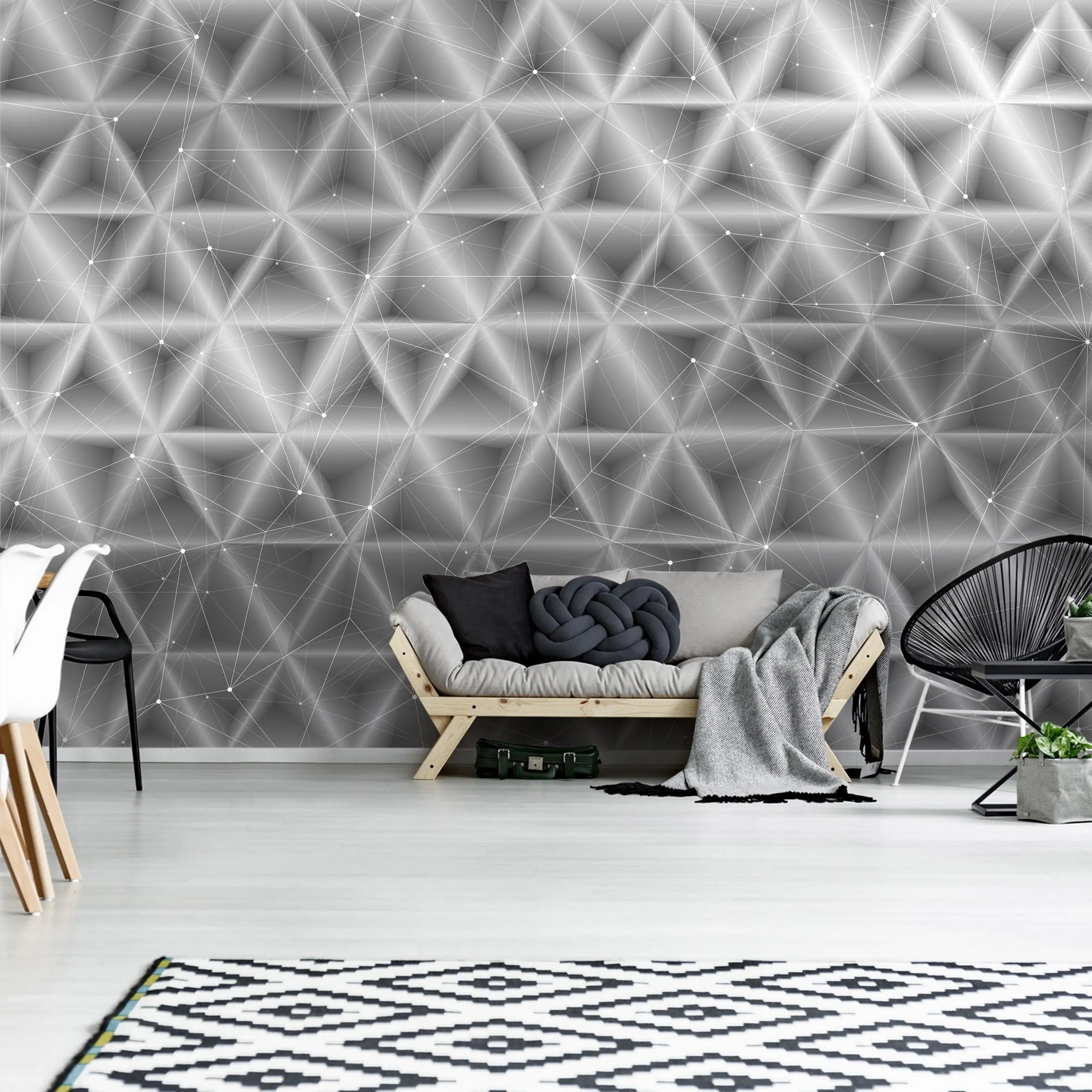 Billede 14 af Fototapet - Sort-hvidt geometrisk netværksmønster med trekantede former