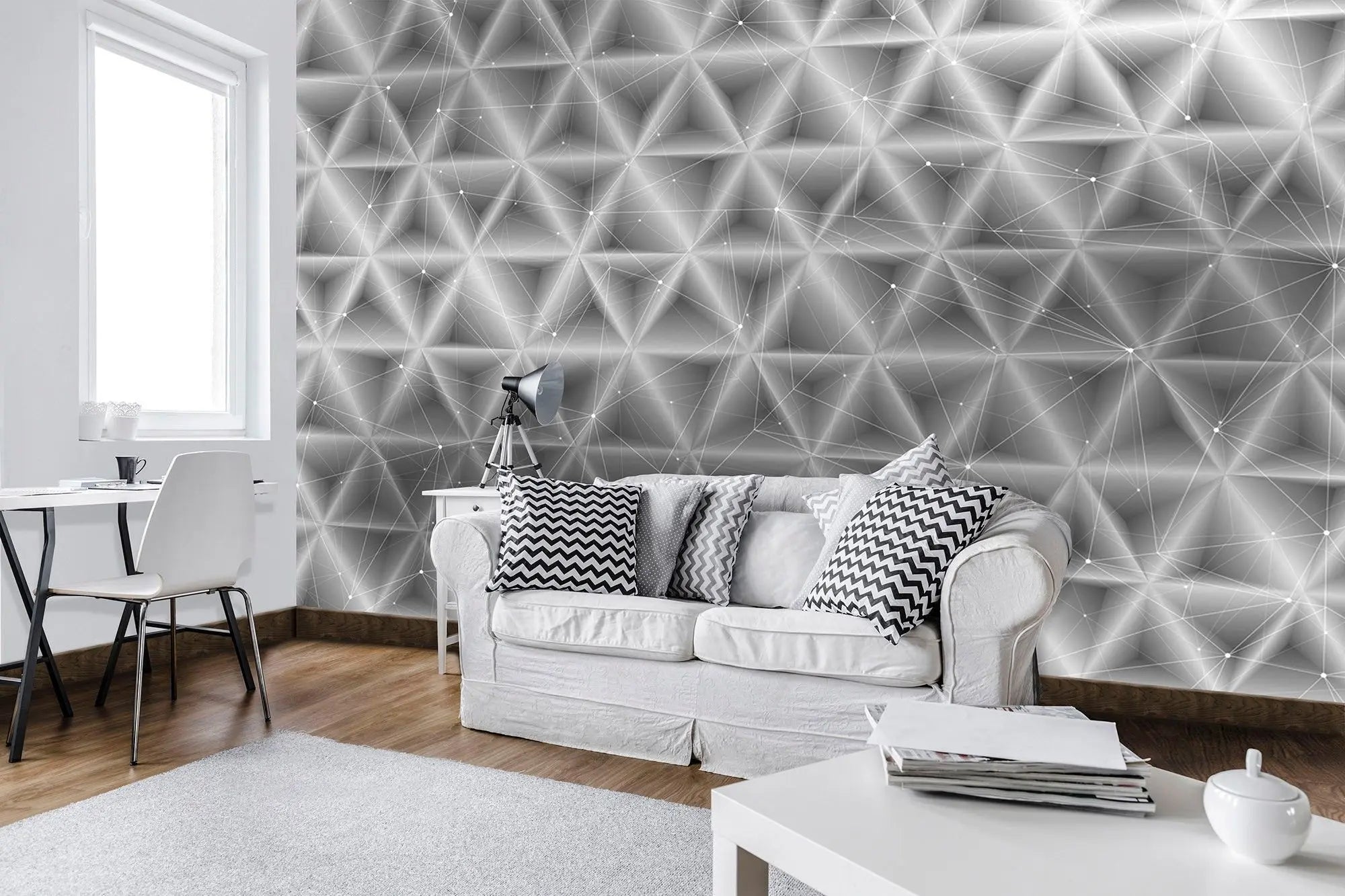 Billede 2 af Fototapet - Sort-hvidt geometrisk netværksmønster med trekantede former