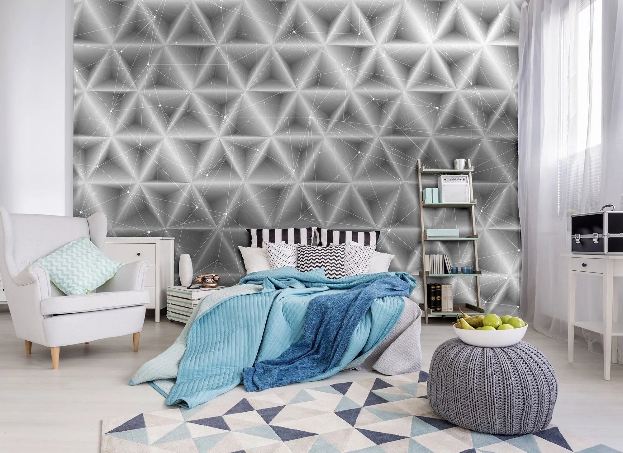 Billede 3 af Fototapet - Sort-hvidt geometrisk netværksmønster med trekantede former