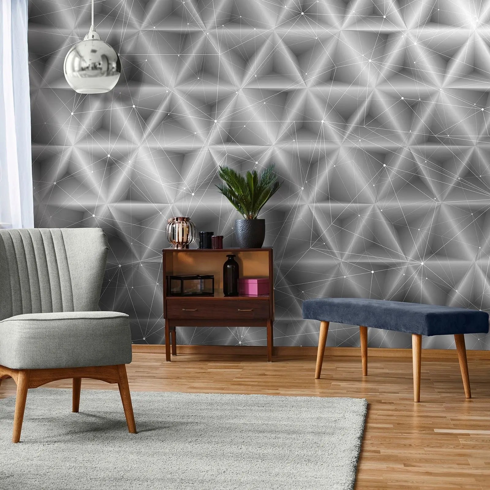 Billede 4 af Fototapet - Sort-hvidt geometrisk netværksmønster med trekantede former