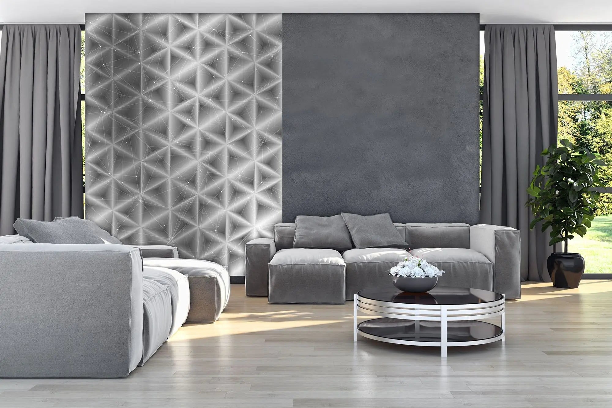 Billede 5 af Fototapet - Sort-hvidt geometrisk netværksmønster med trekantede former