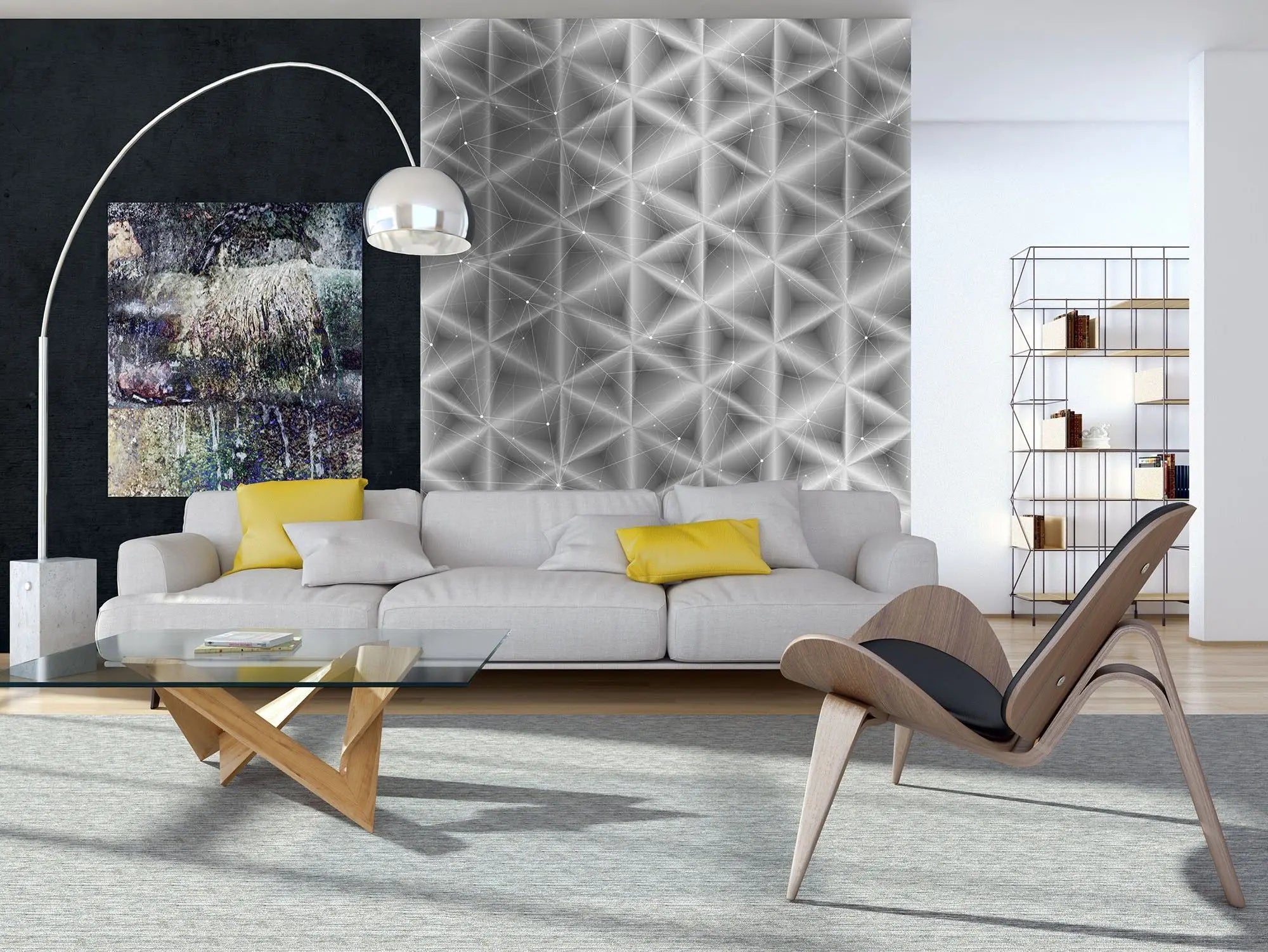 Billede 6 af Fototapet - Sort-hvidt geometrisk netværksmønster med trekantede former