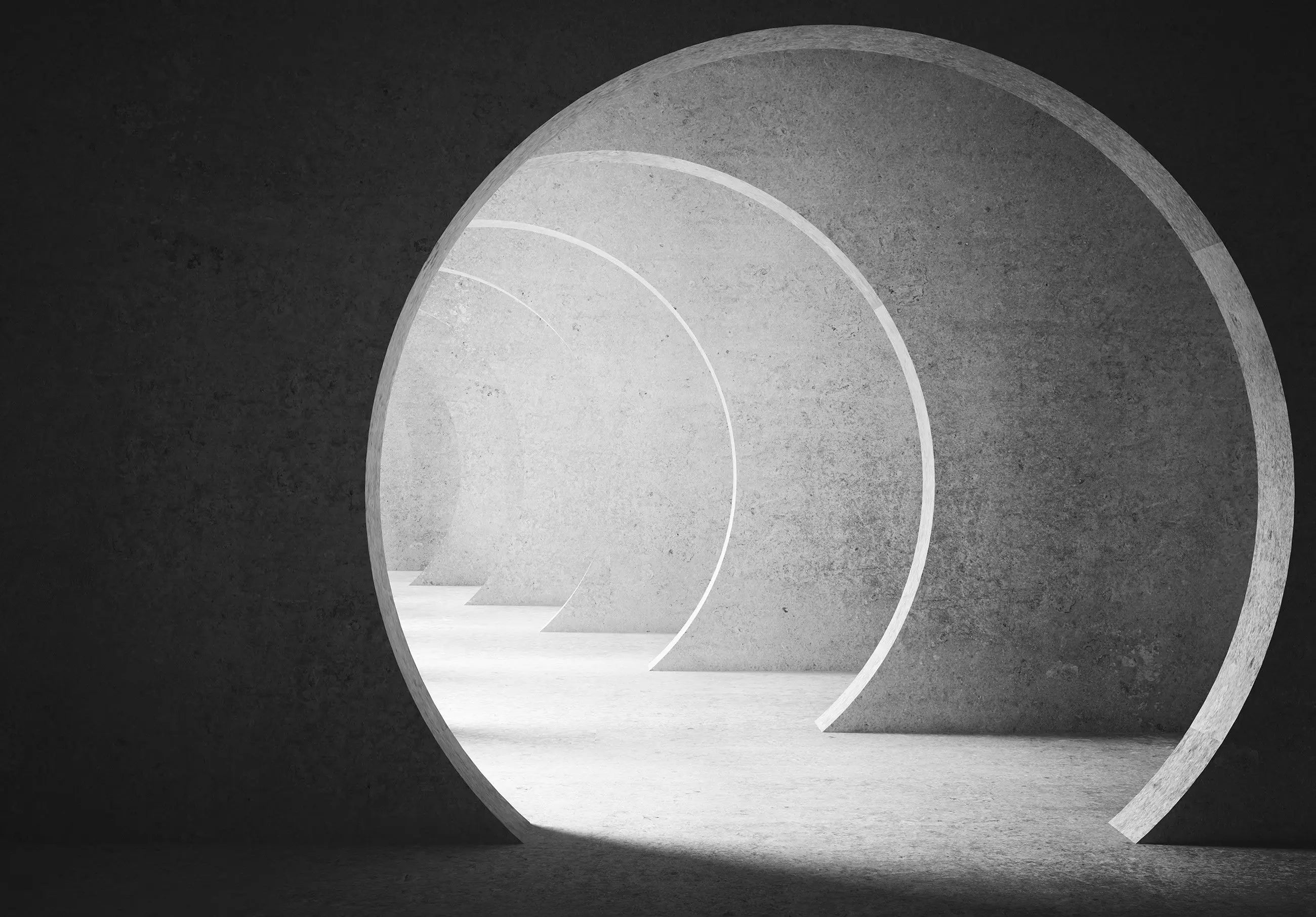 Billede 1 af Fototapet - Sort-hvidt perspektiv af betoncirkler i tunnel