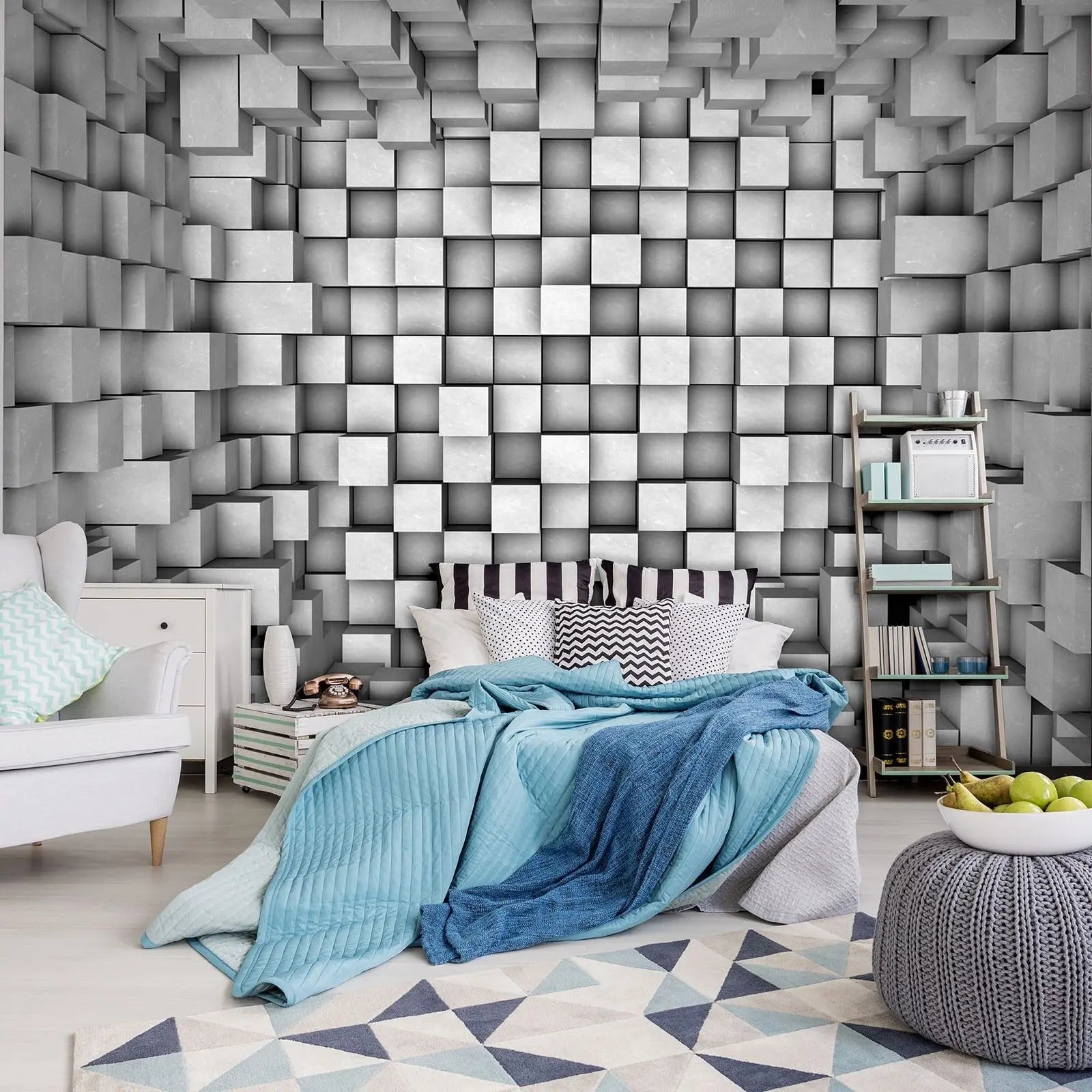 Billede 6 af Fototapet - Sort-hvidt rum med tredimensionelle kuber