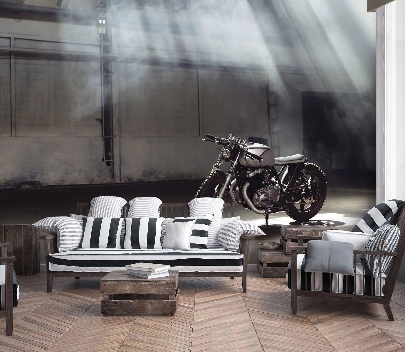 Billede 4 af Fototapet - Sort motorcykel i solstribet industribygning