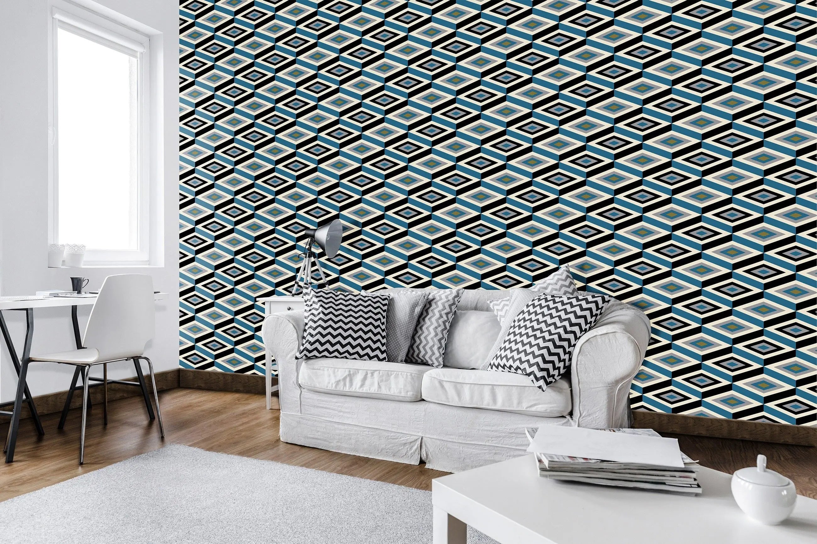 Billede 6 af Fototapet - Sort og blå geometrisk mønster af kuber