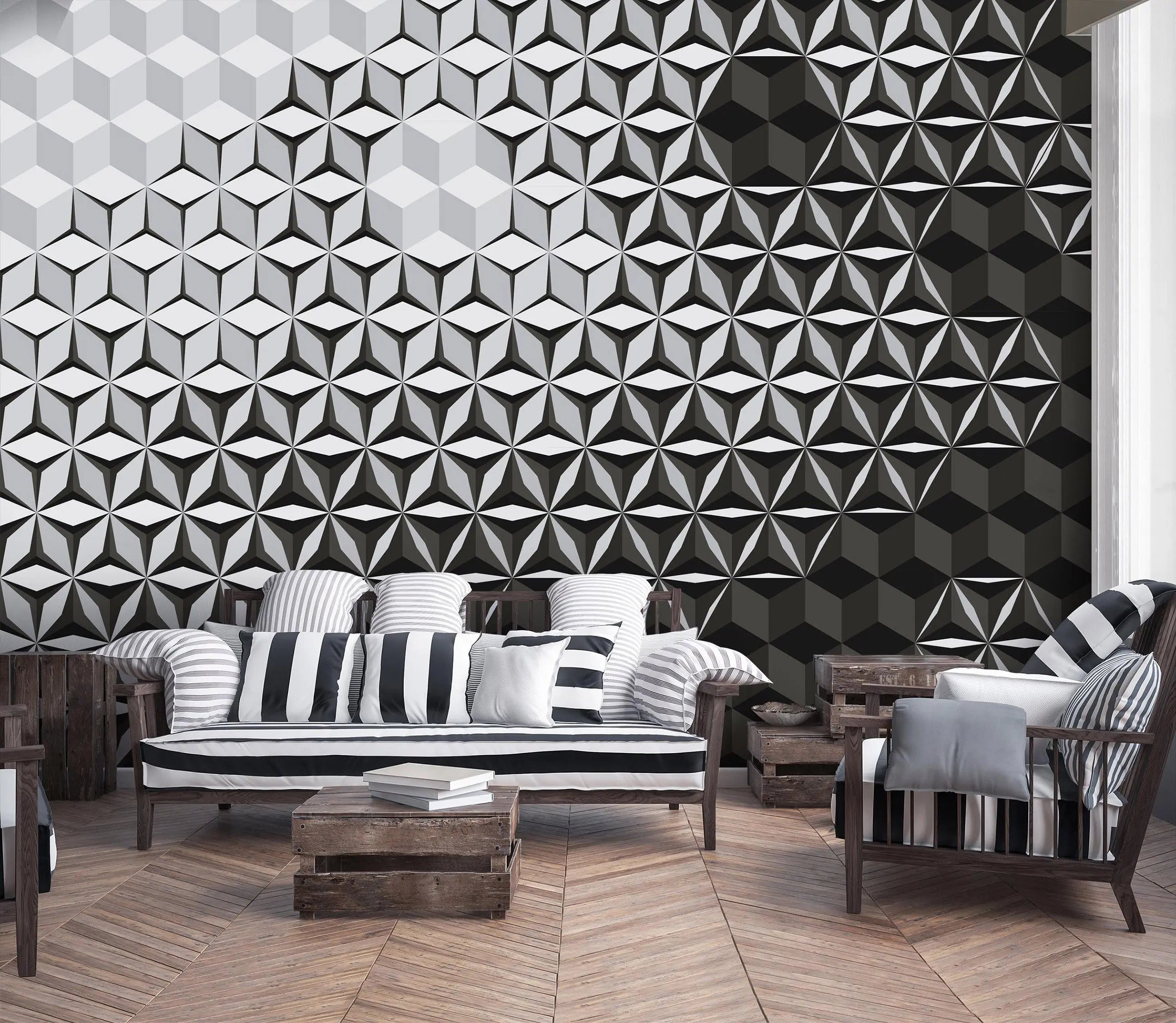 Billede 12 af Fototapet - Sort og gråt geometrisk mønster med kuber og stjerner