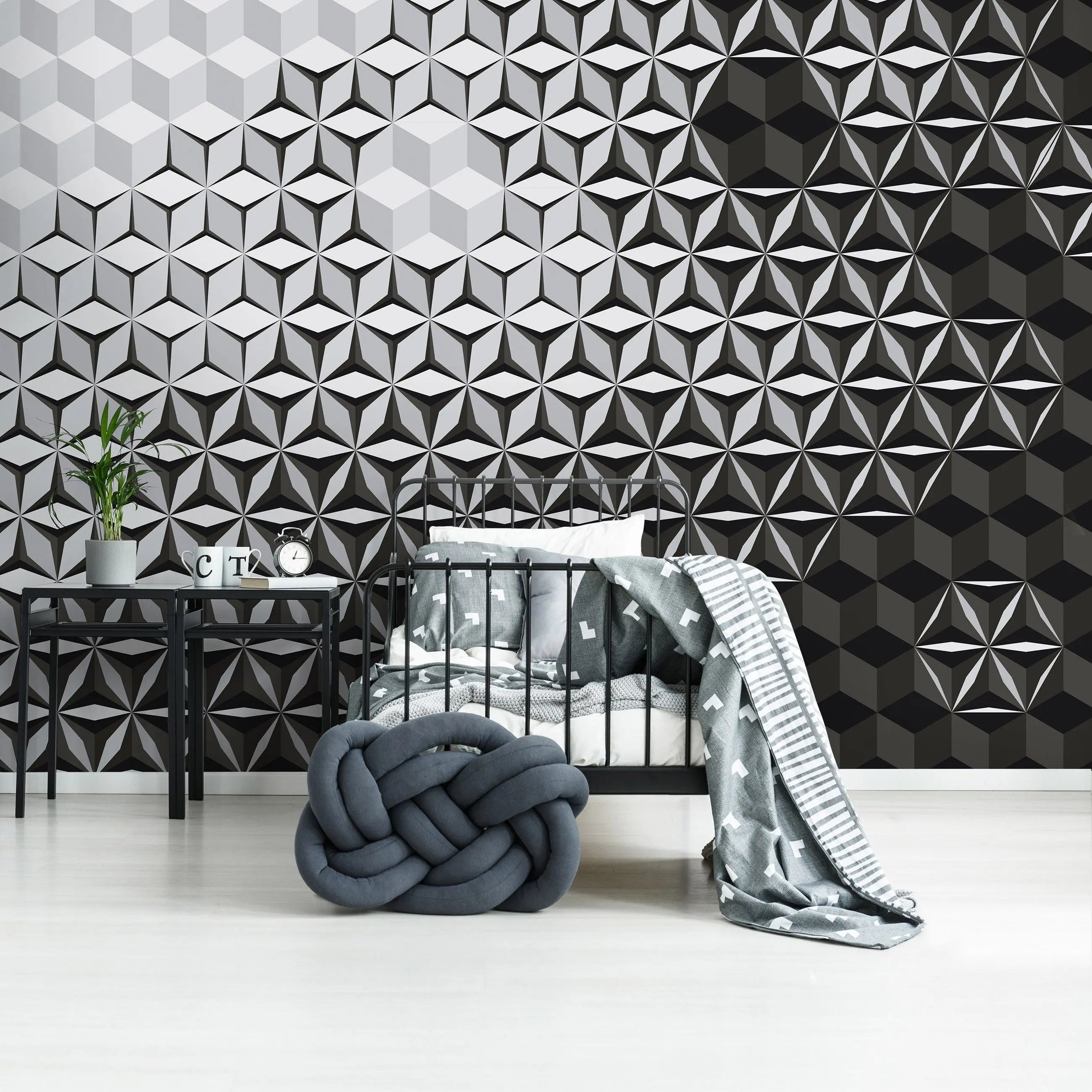 Billede 15 af Fototapet - Sort og gråt geometrisk mønster med kuber og stjerner