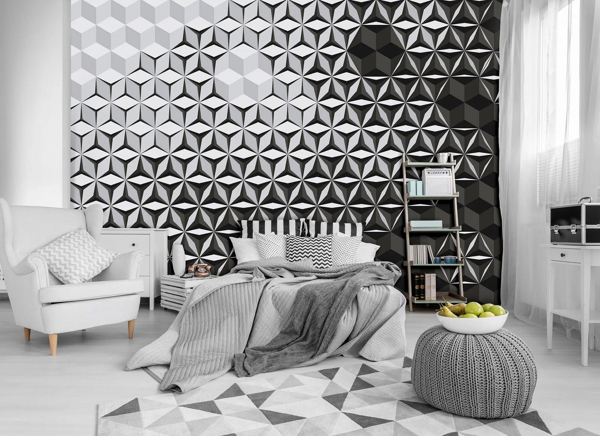 Billede 2 af Fototapet - Sort og gråt geometrisk mønster med kuber og stjerner
