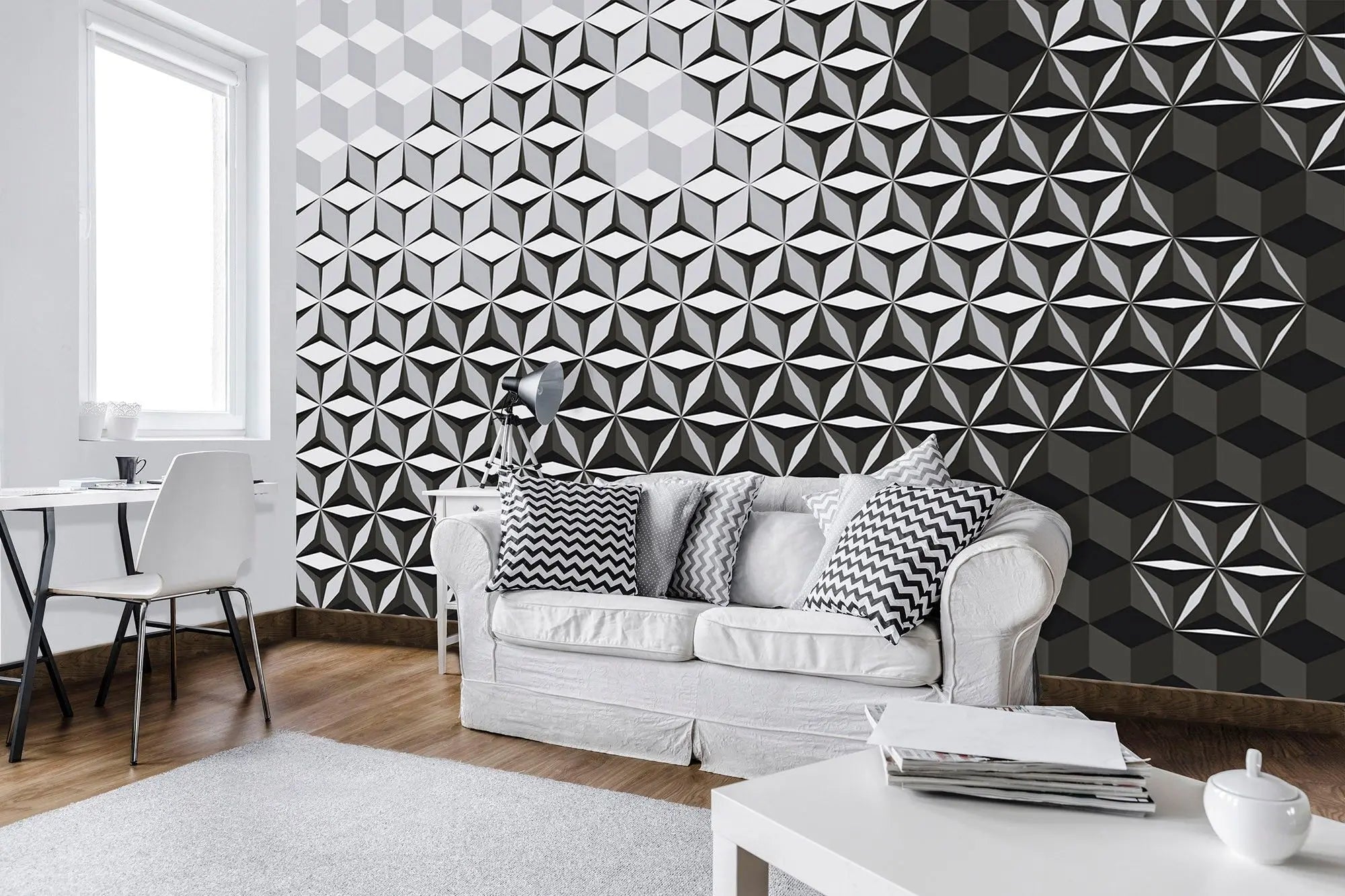 Billede 3 af Fototapet - Sort og gråt geometrisk mønster med kuber og stjerner