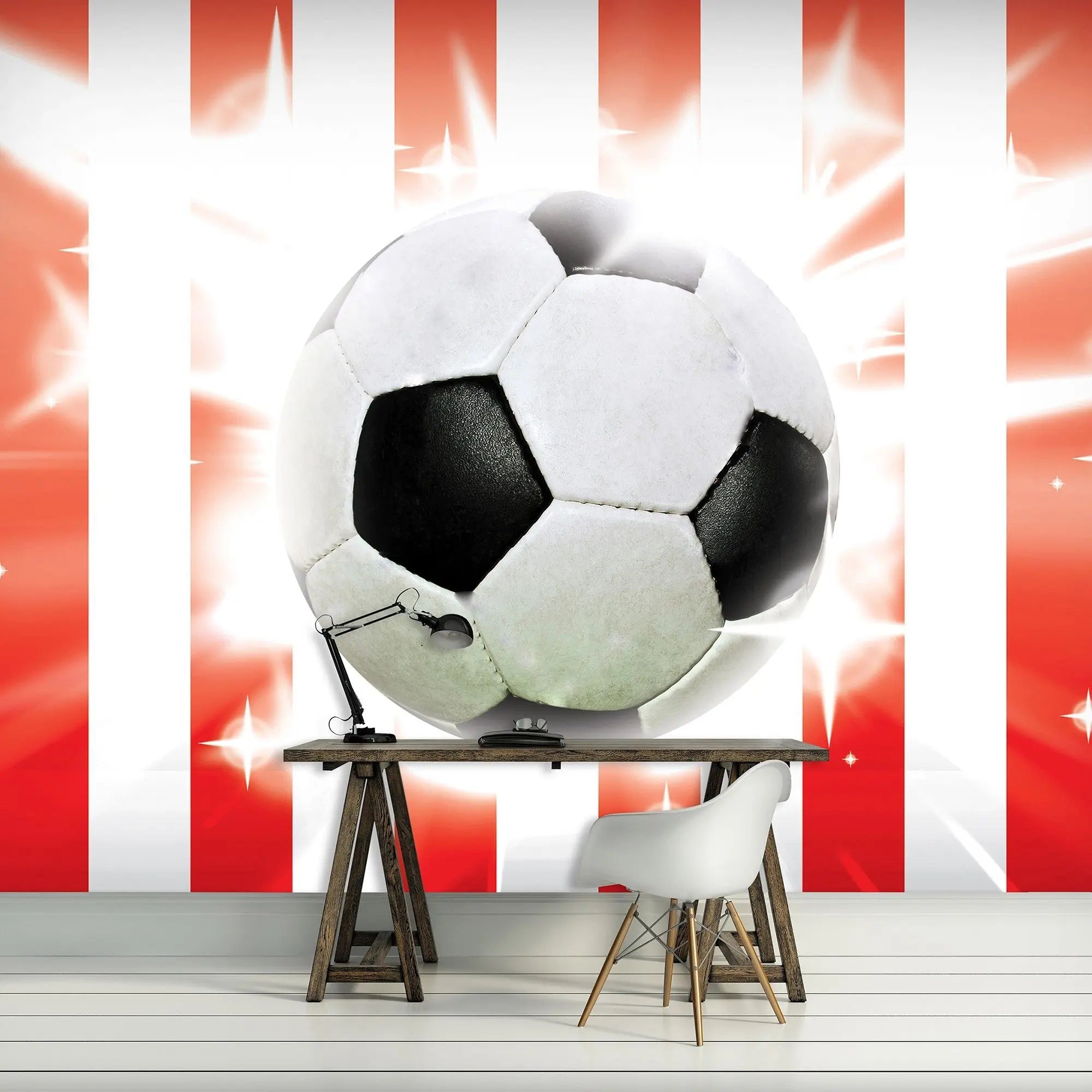 Billede 5 af Fototapet - Sort og hvid fodbold med røde og hvide lodrette striber