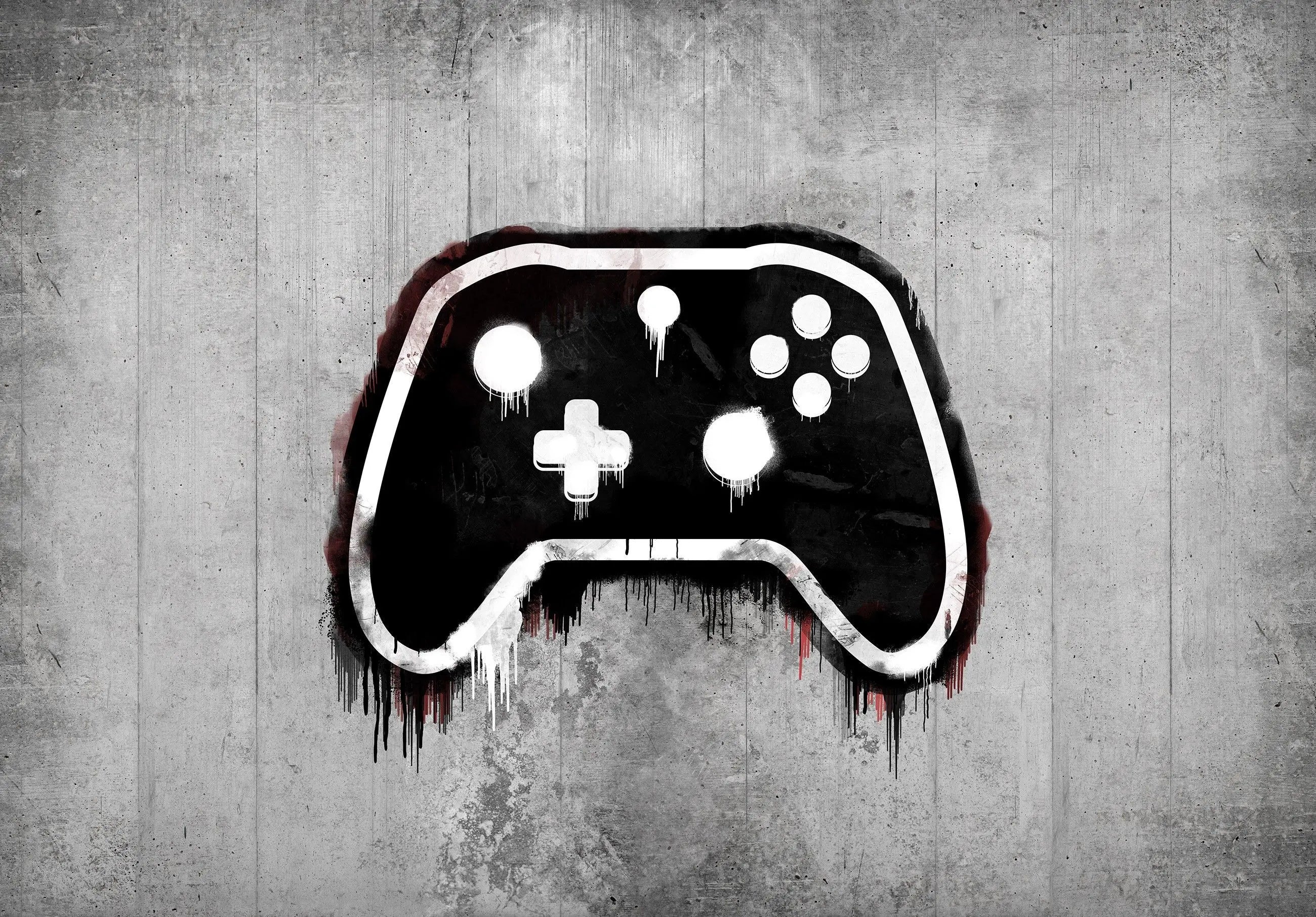 Billede 1 af Fototapet - Sort og hvid gaming-controller graffiti på betonvæg