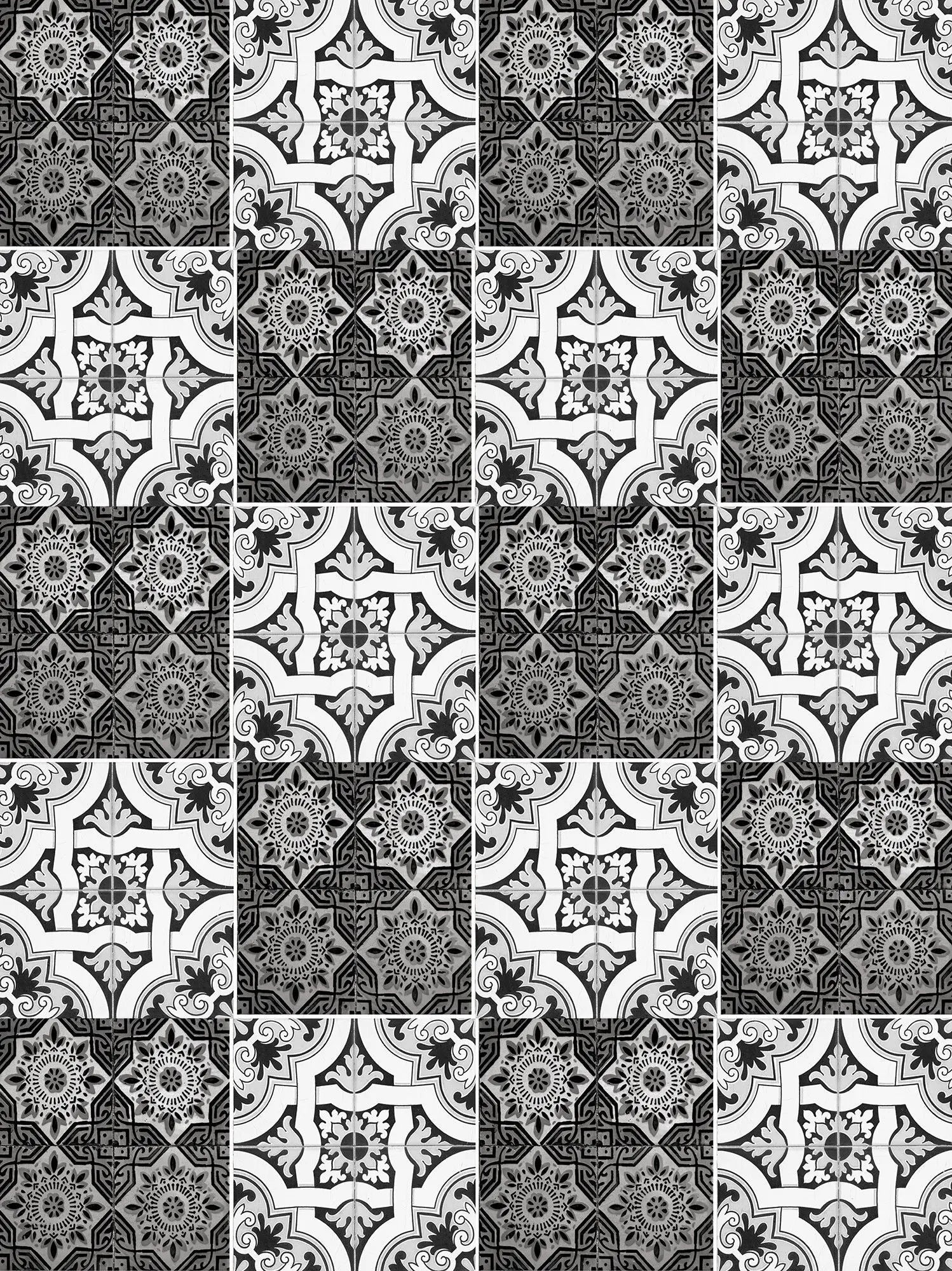 Billede 14 af Fototapet - Sort og hvidt geometrisk mønster med blomster og linjer